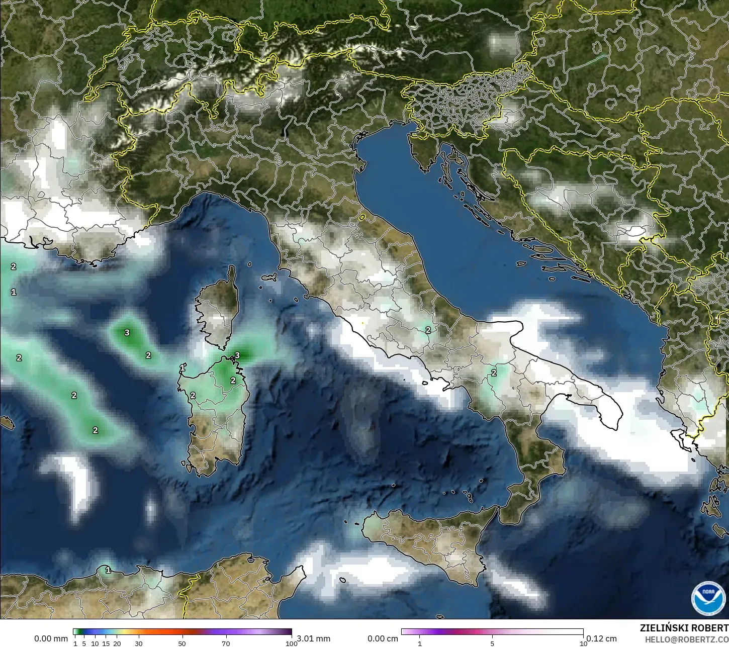 GFS model - Italy, Precipitation, Clouds, and Pressure