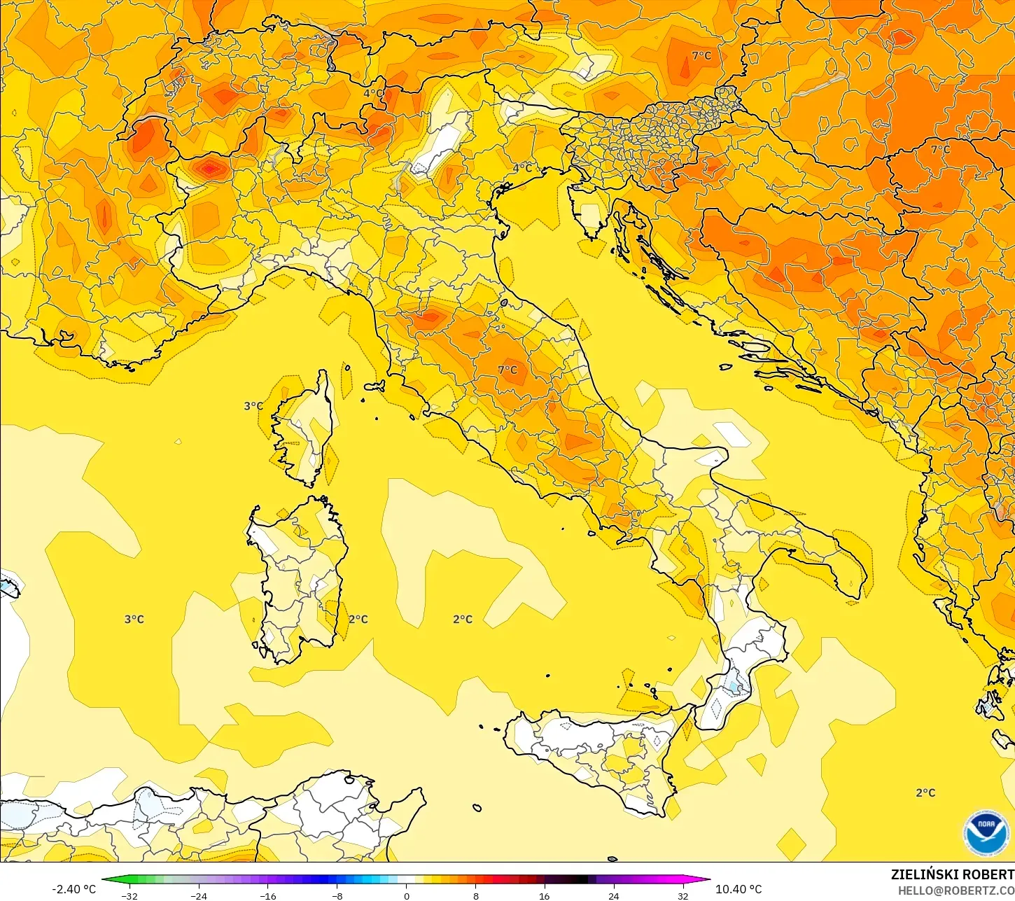 GFS model - Italy, Temperature at 2m Anomaly