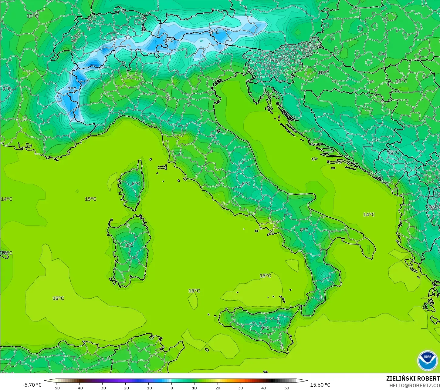 GFS model - Italy, Temperature at 2m