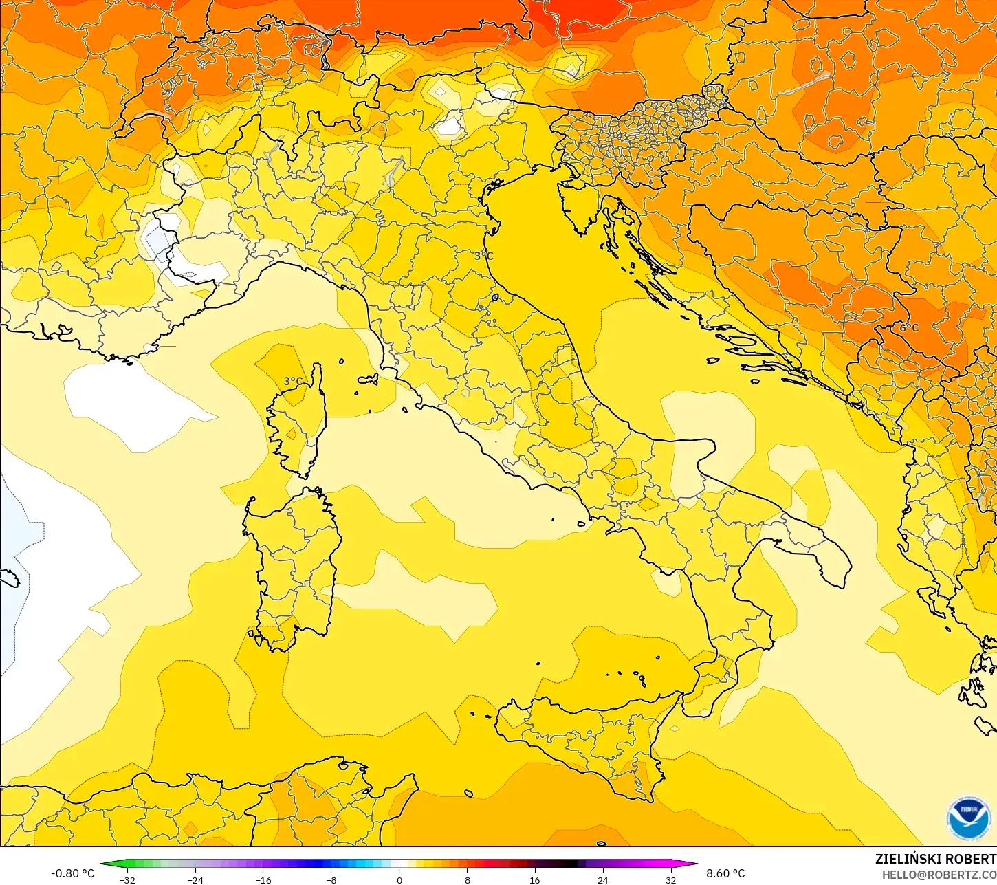 GFS model - Italy, Temperature at 850hPa Anomaly