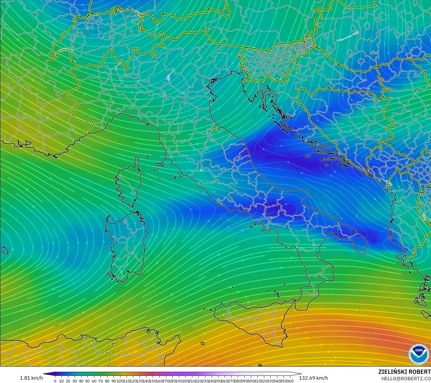 GFS model - Italy, Wind at 300hPa (jet stream)