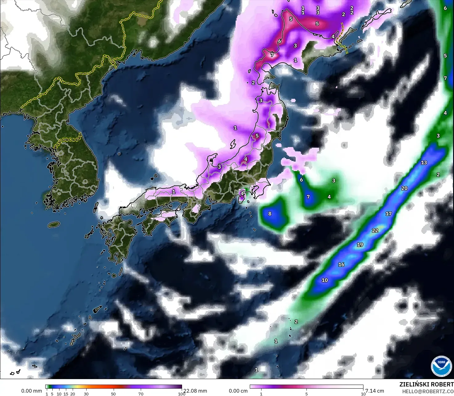 GFS model - Japan, Precipitation, Clouds, and Pressure