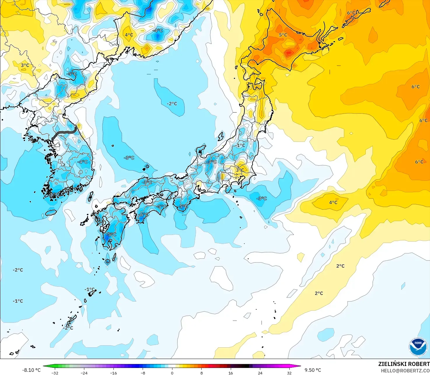 GFS model - Japan, Temperature at 2m Anomaly