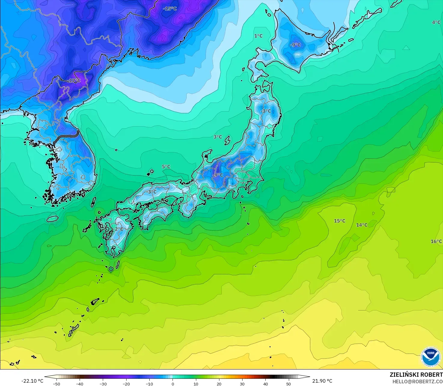 GFS model - Japan, Temperature at 2m