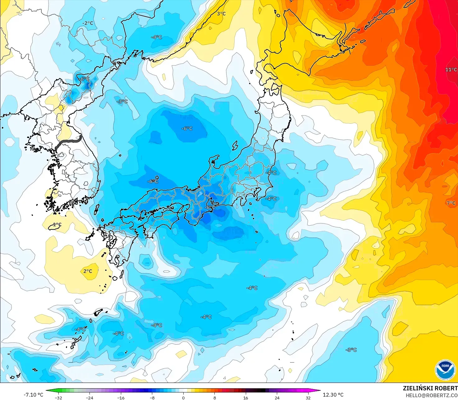 GFS model - Japan, Temperature at 850hPa Anomaly