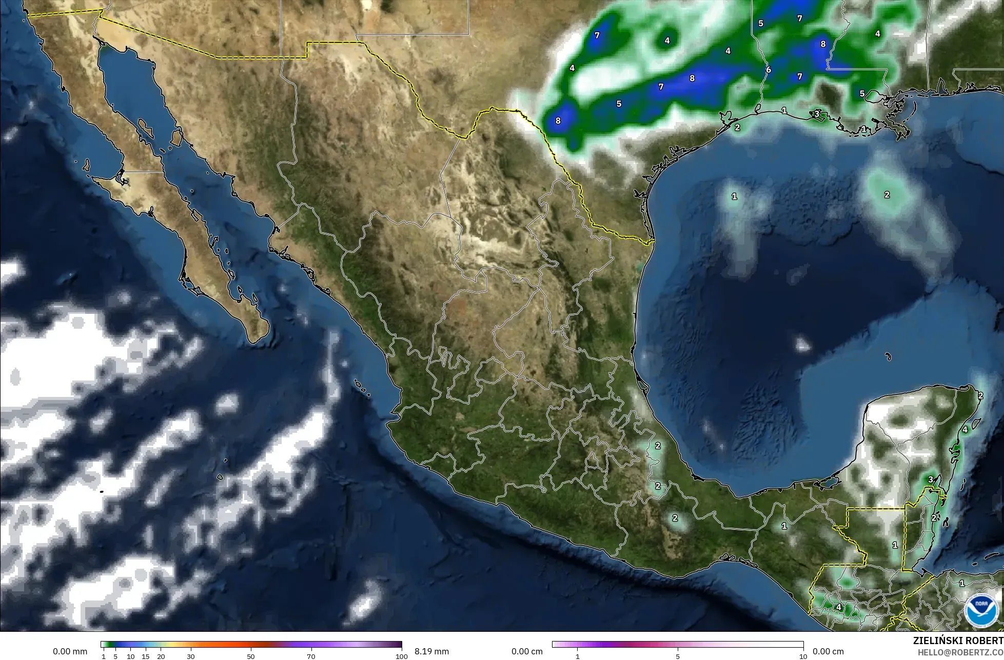 GFS model - Mexico, Precipitation, Clouds, and Pressure