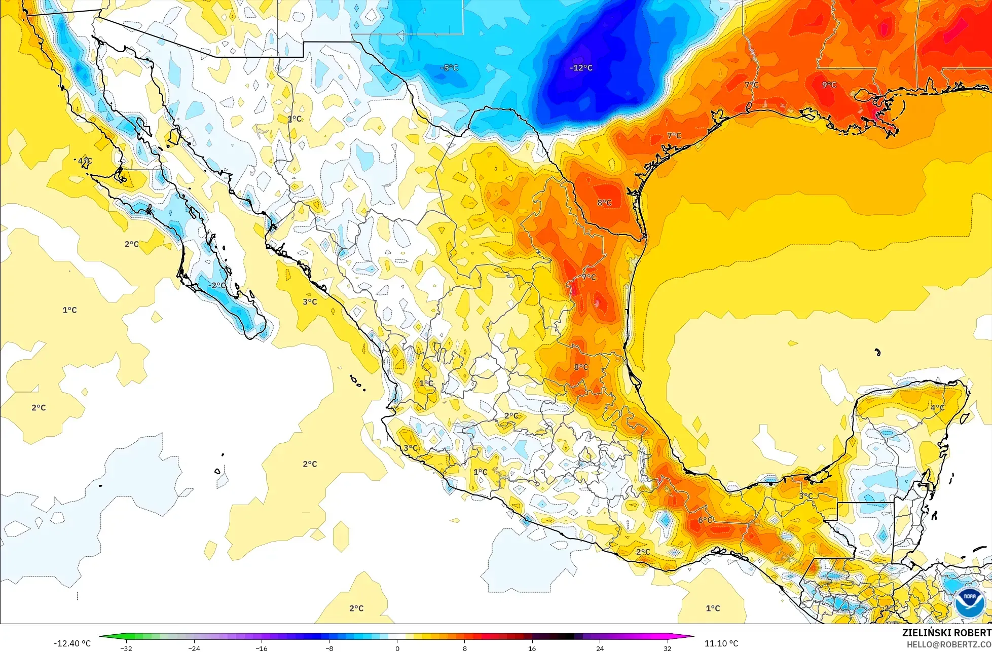 GFS model - Mexico, Temperature at 2m Anomaly