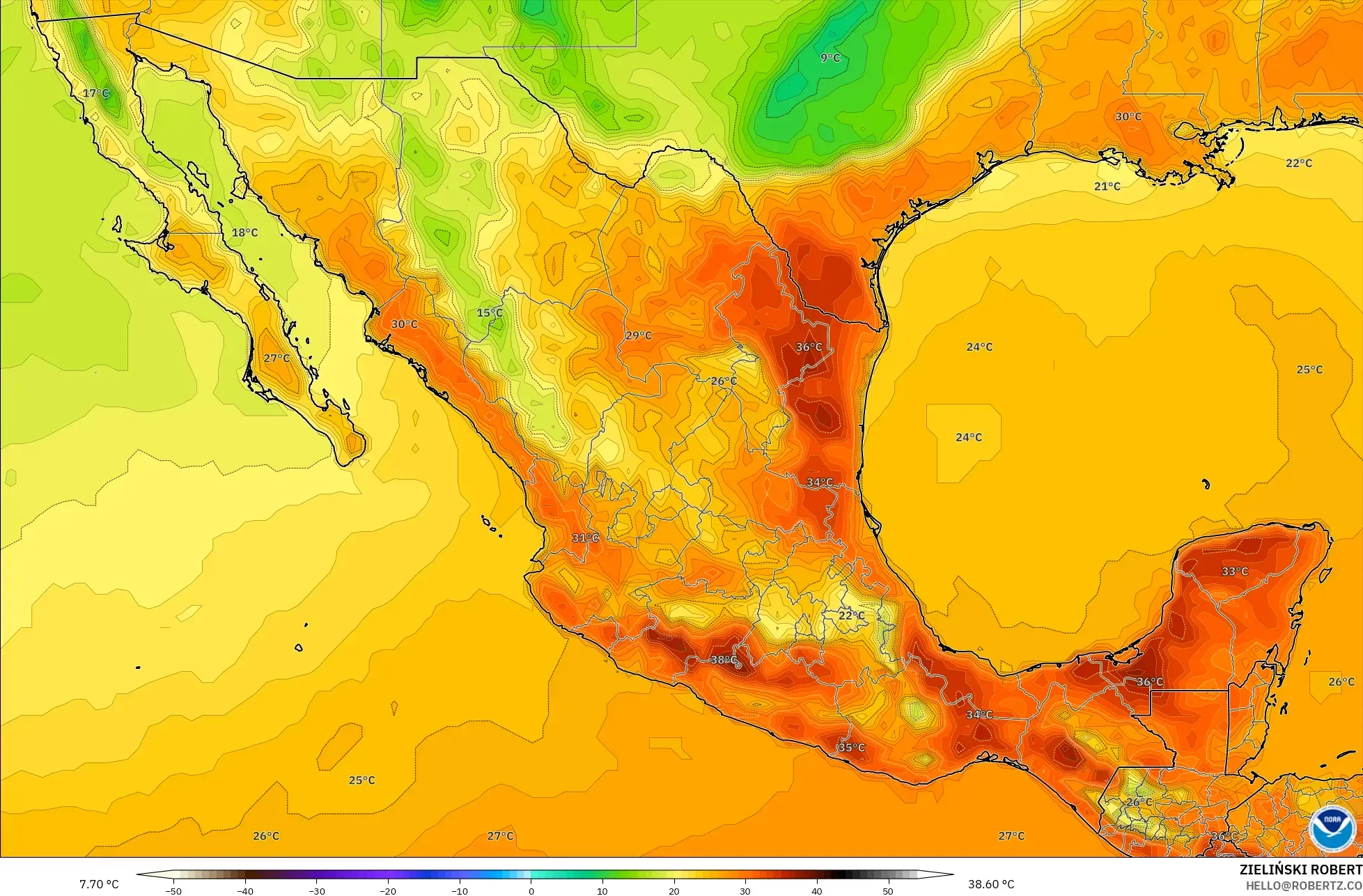 GFS model - Mexico, Temperature at 2m