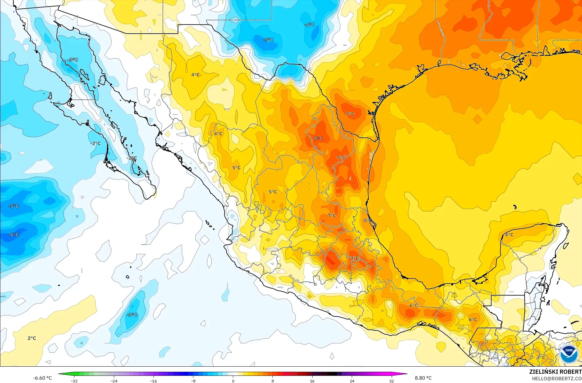 GFS model - Mexico, Temperature at 850hPa Anomaly