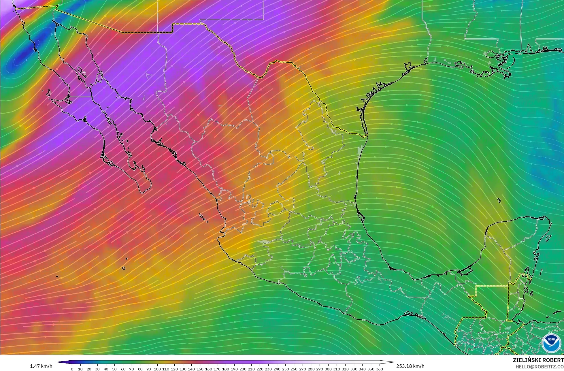 GFS model - Mexico, Wind at 300hPa (jet stream)