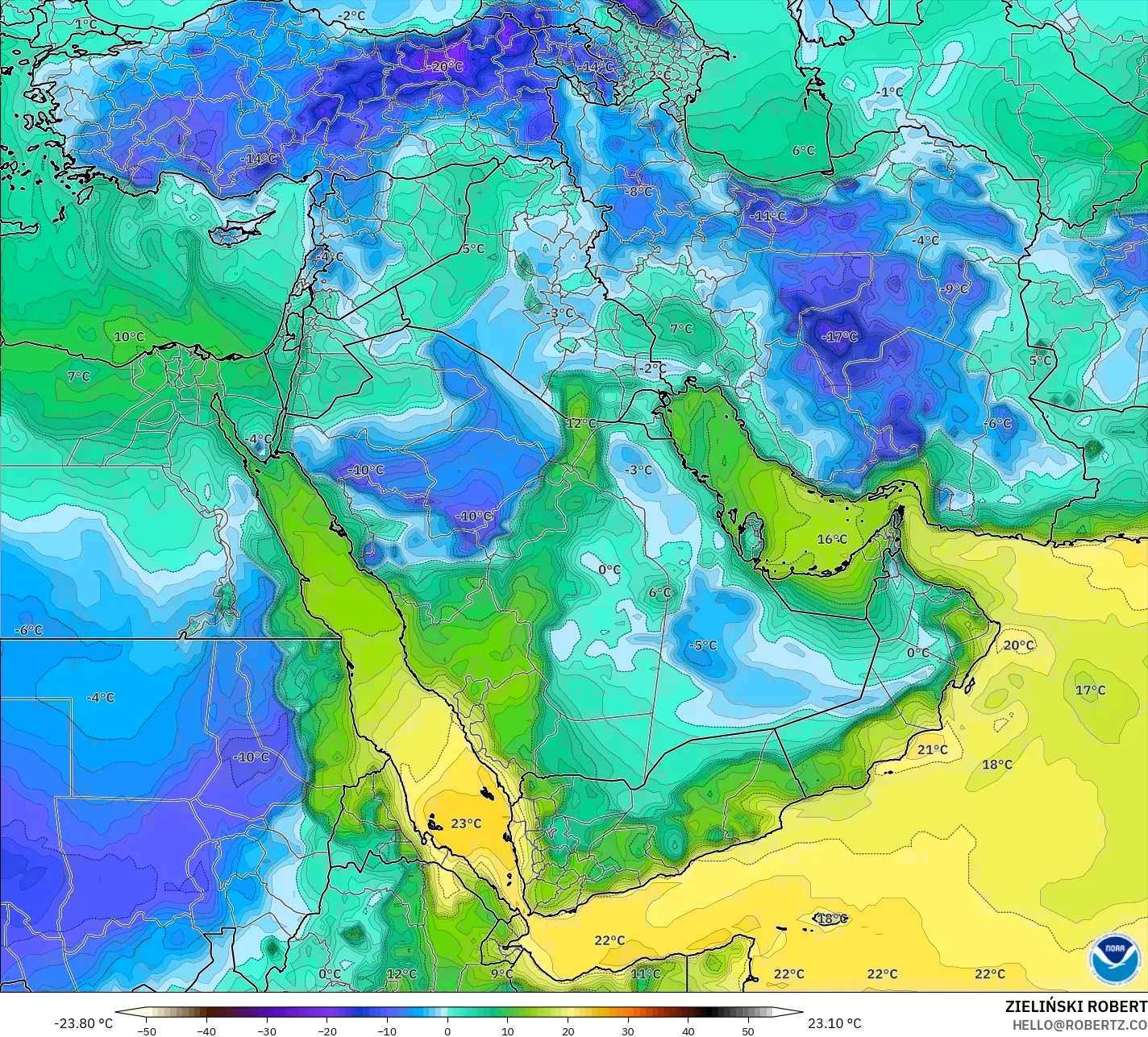 GFS model - Middle East, Dewpoint at 2m