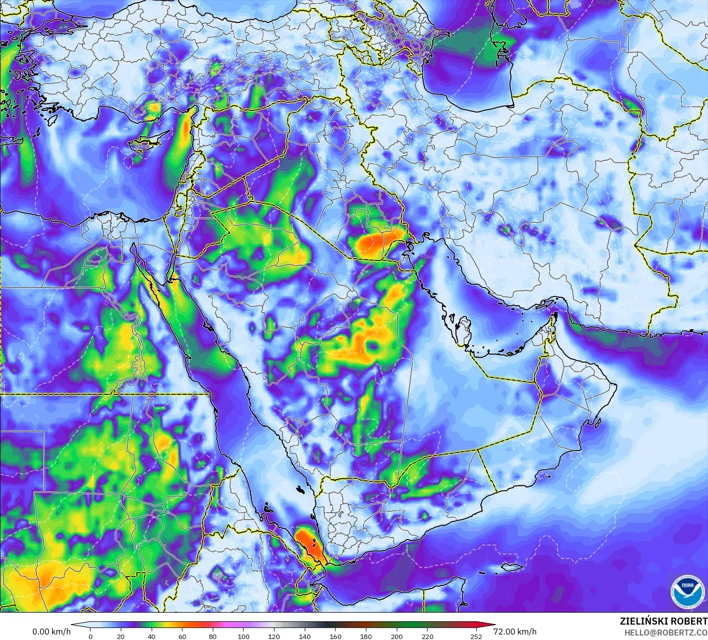 GFS model - Middle East, Wind Gusts Peak