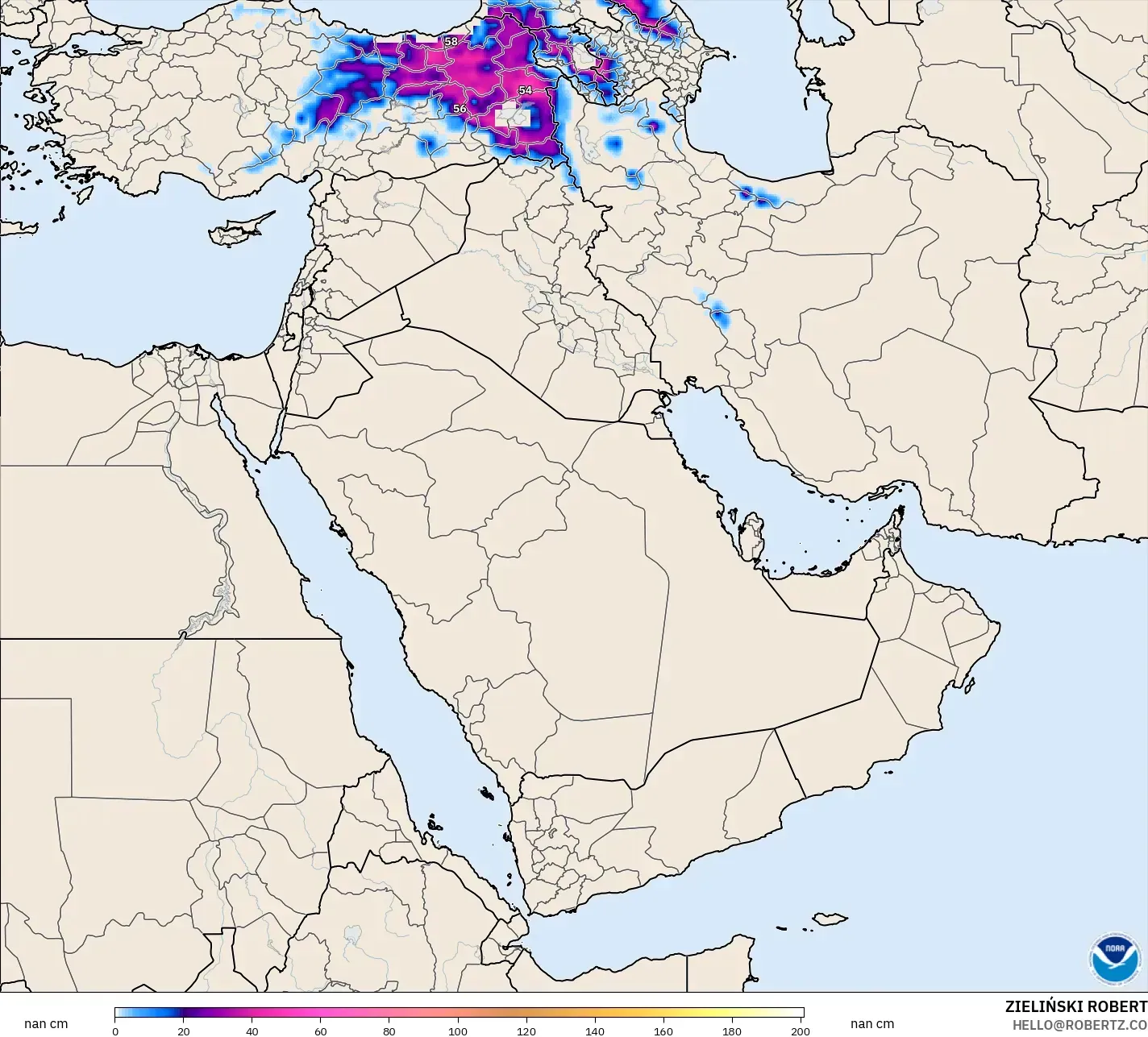 GFS model - Middle East, Snow Depth