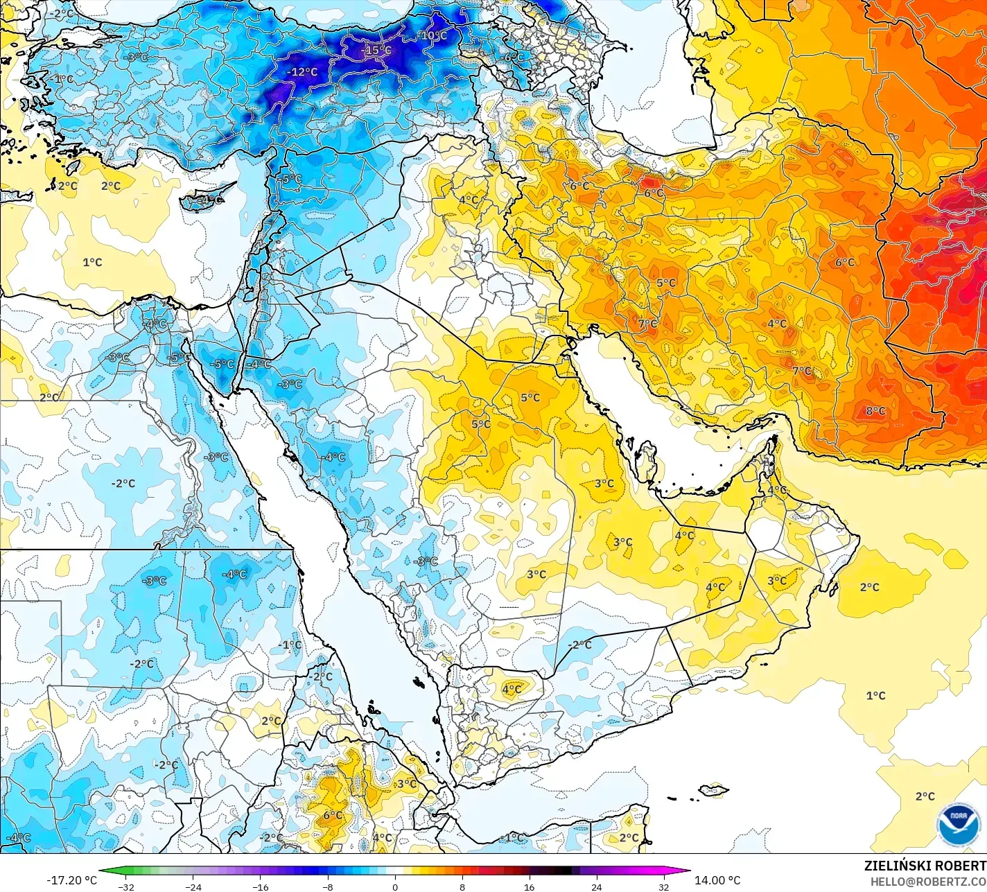 GFS model - Middle East, Temperature at 2m Anomaly