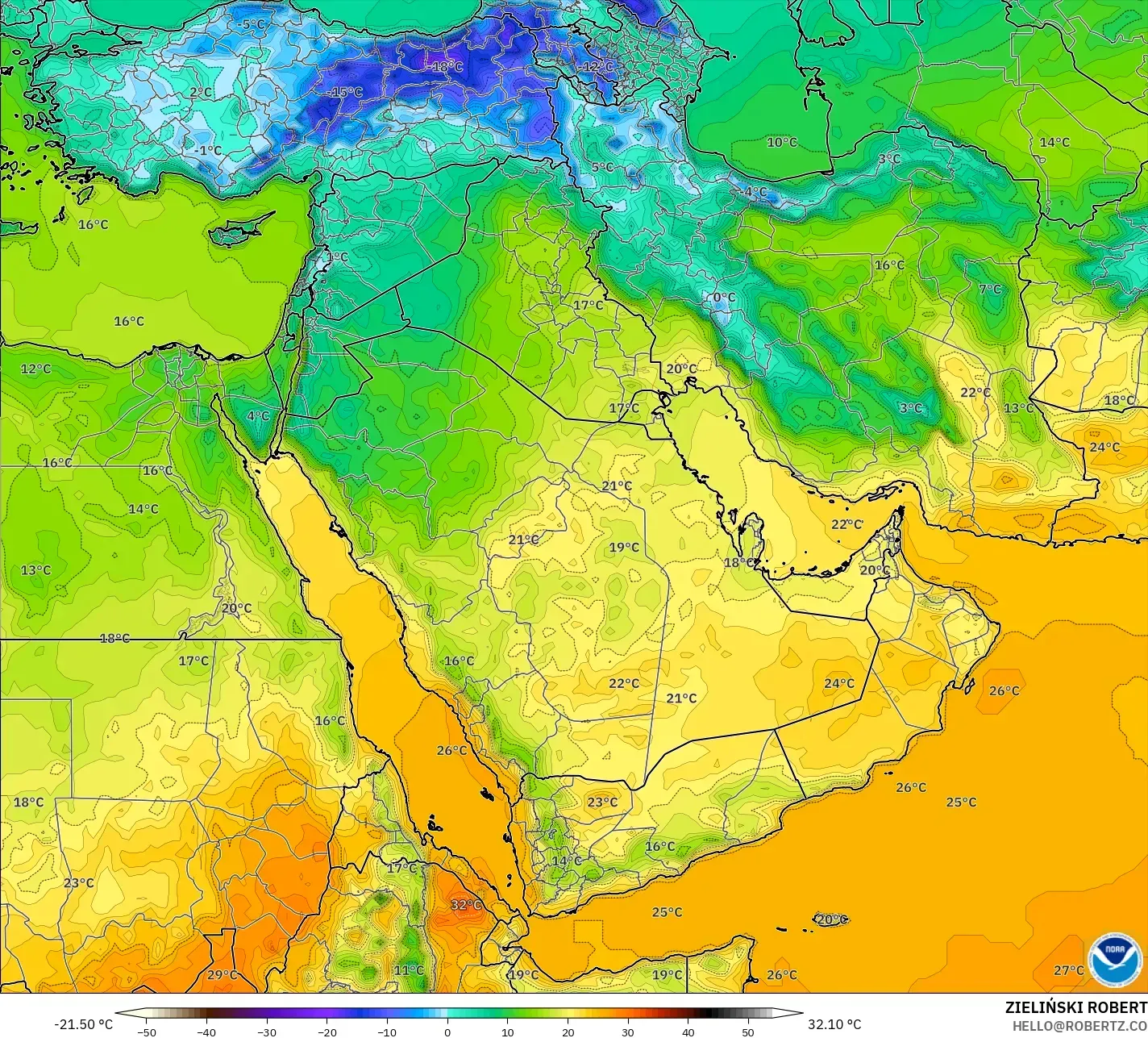 GFS model - Middle East, Temperature at 2m