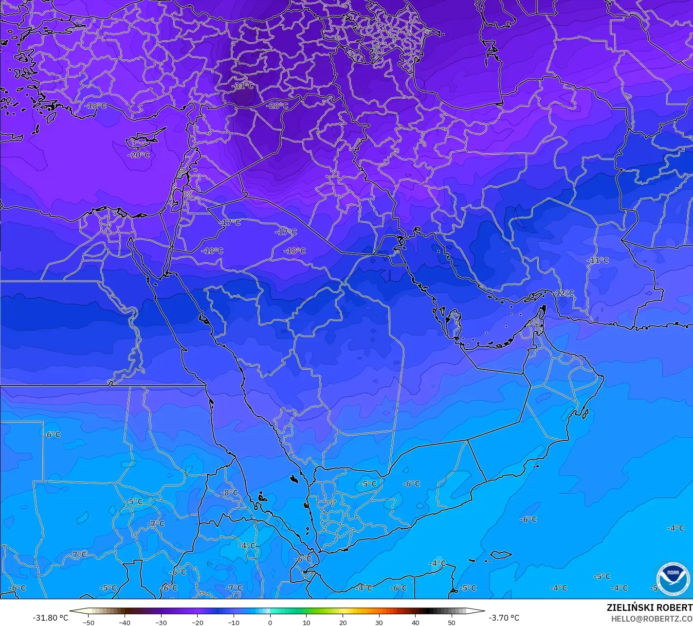 GFS model - Middle East, Temperature at 500hPa