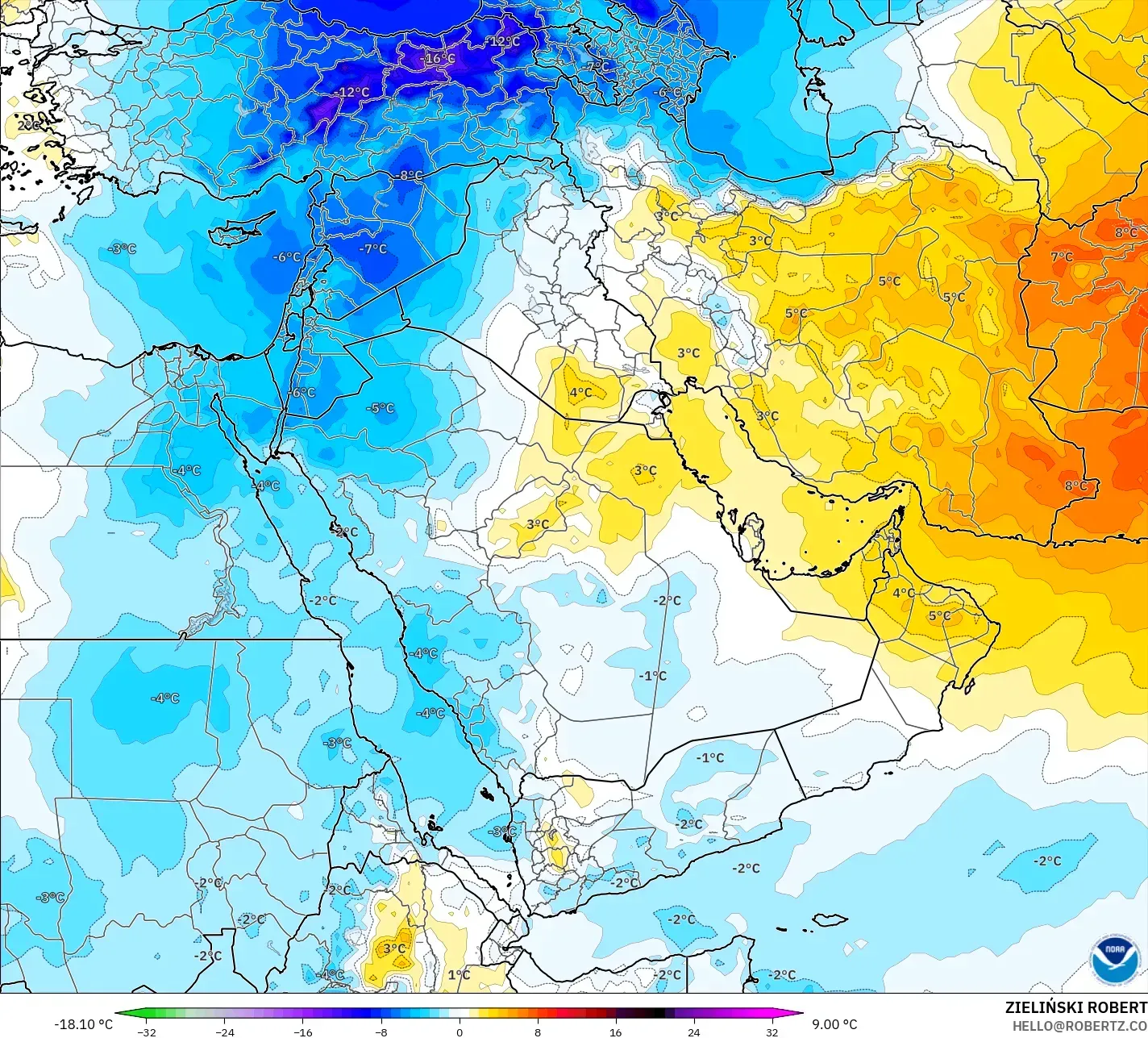GFS model - Middle East, Temperature at 850hPa Anomaly