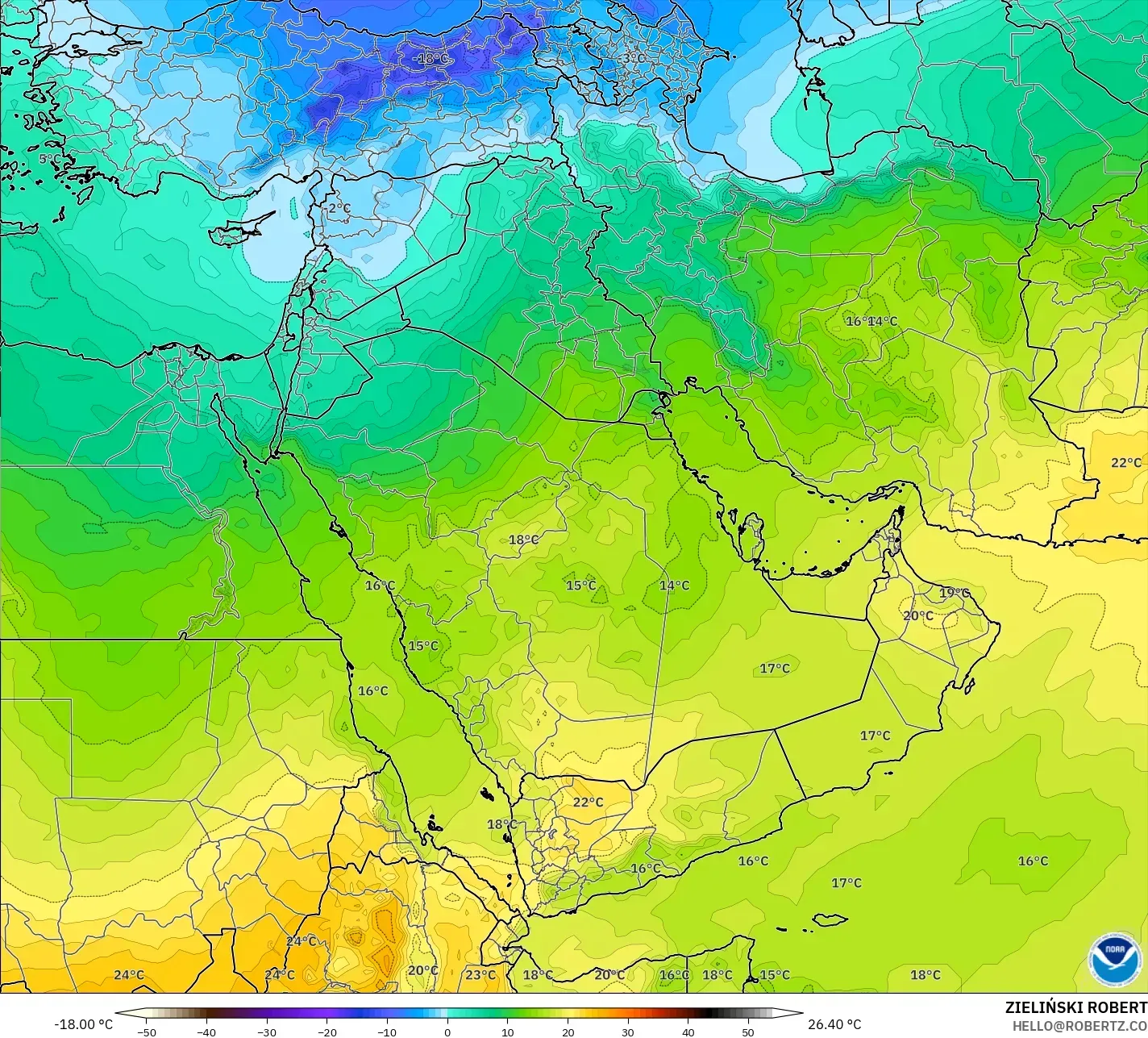 GFS model - Middle East, Temperature at 850hPa