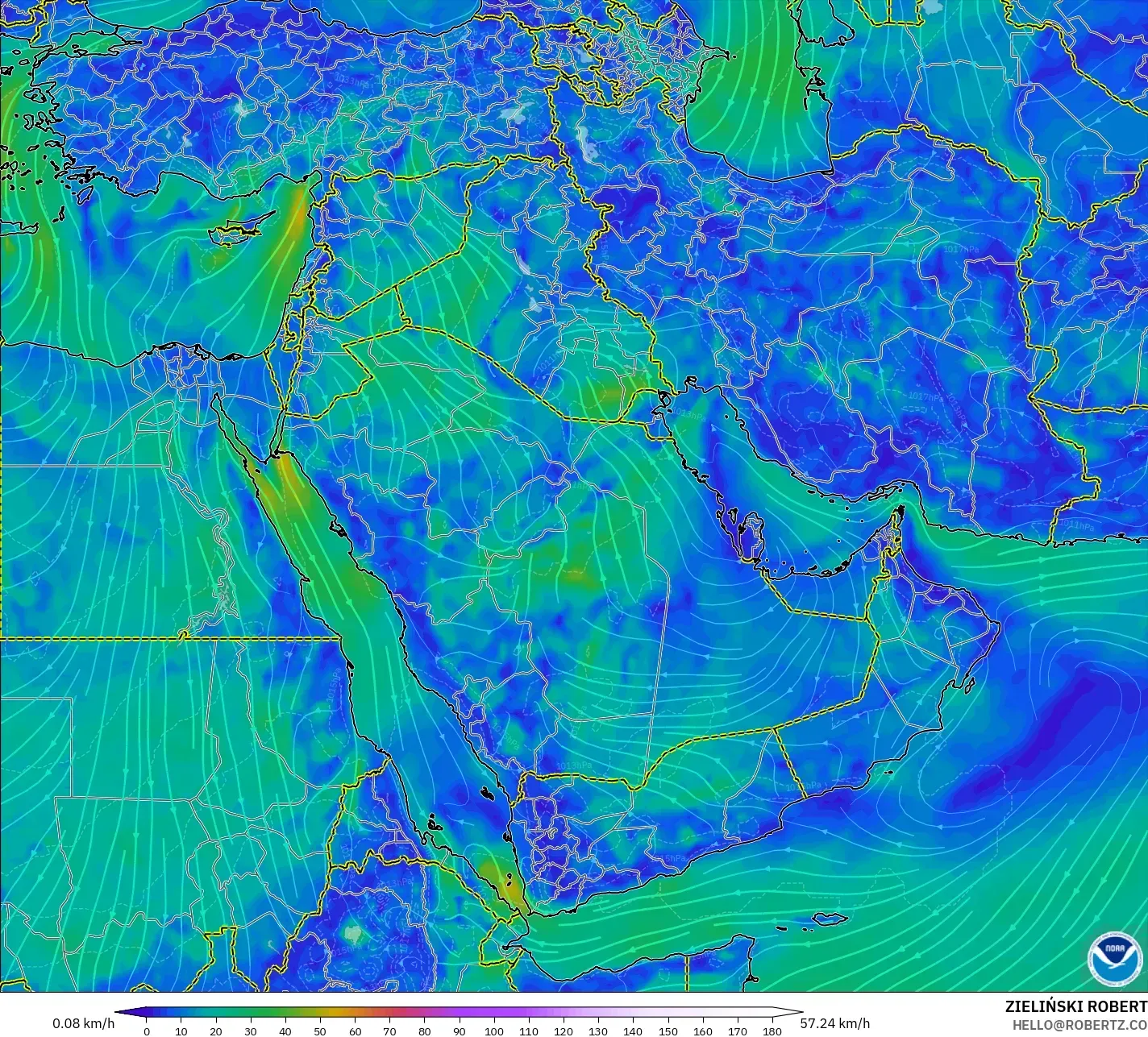 GFS model - Middle East, Wind at 10m