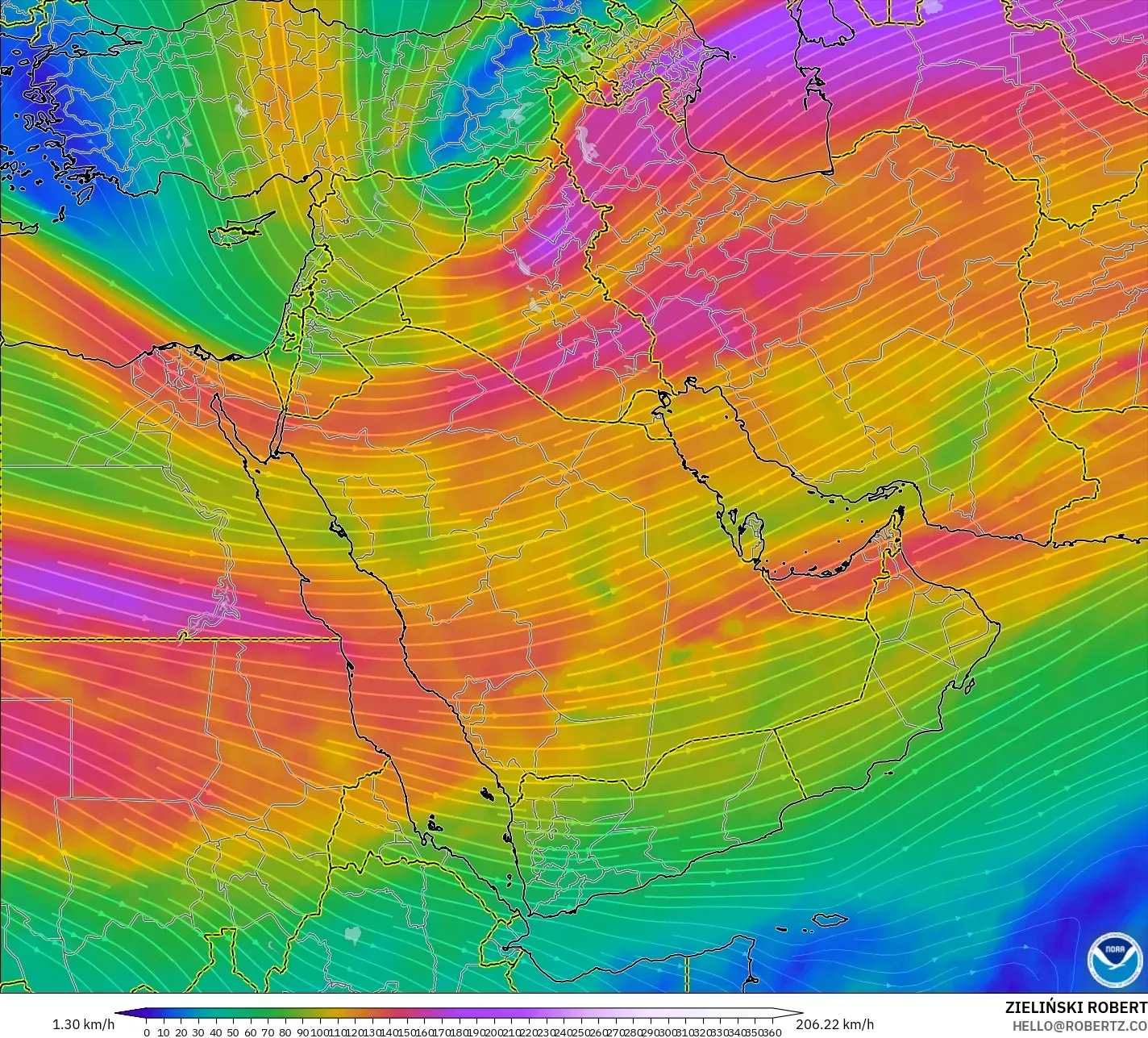GFS model - Middle East, Wind at 300hPa (jet stream)