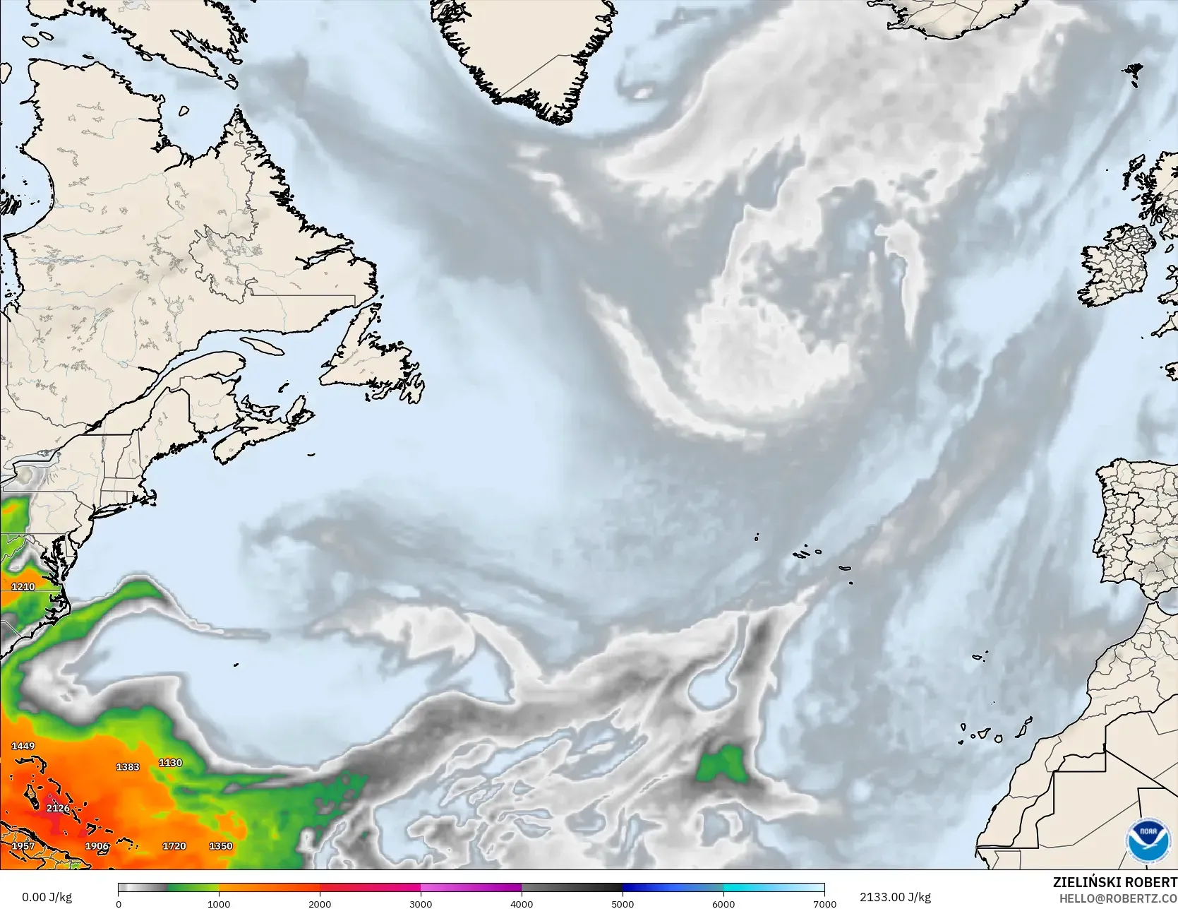GFS model - North Atlantic, CAPE