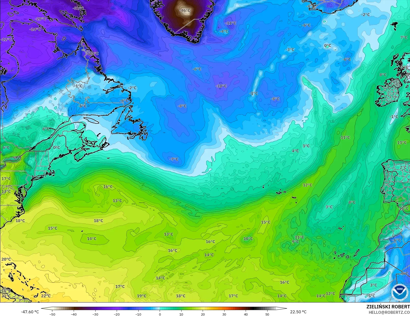 GFS model - North Atlantic, Dewpoint at 2m