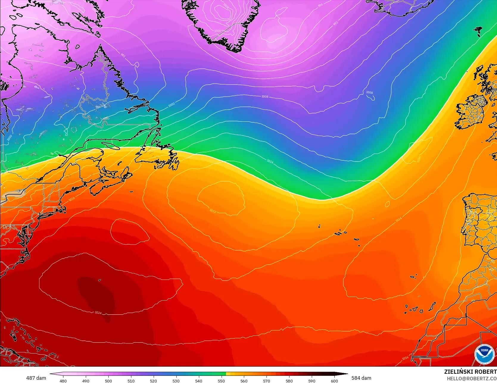 GFS model - North Atlantic, Geopotential height at 500hPa