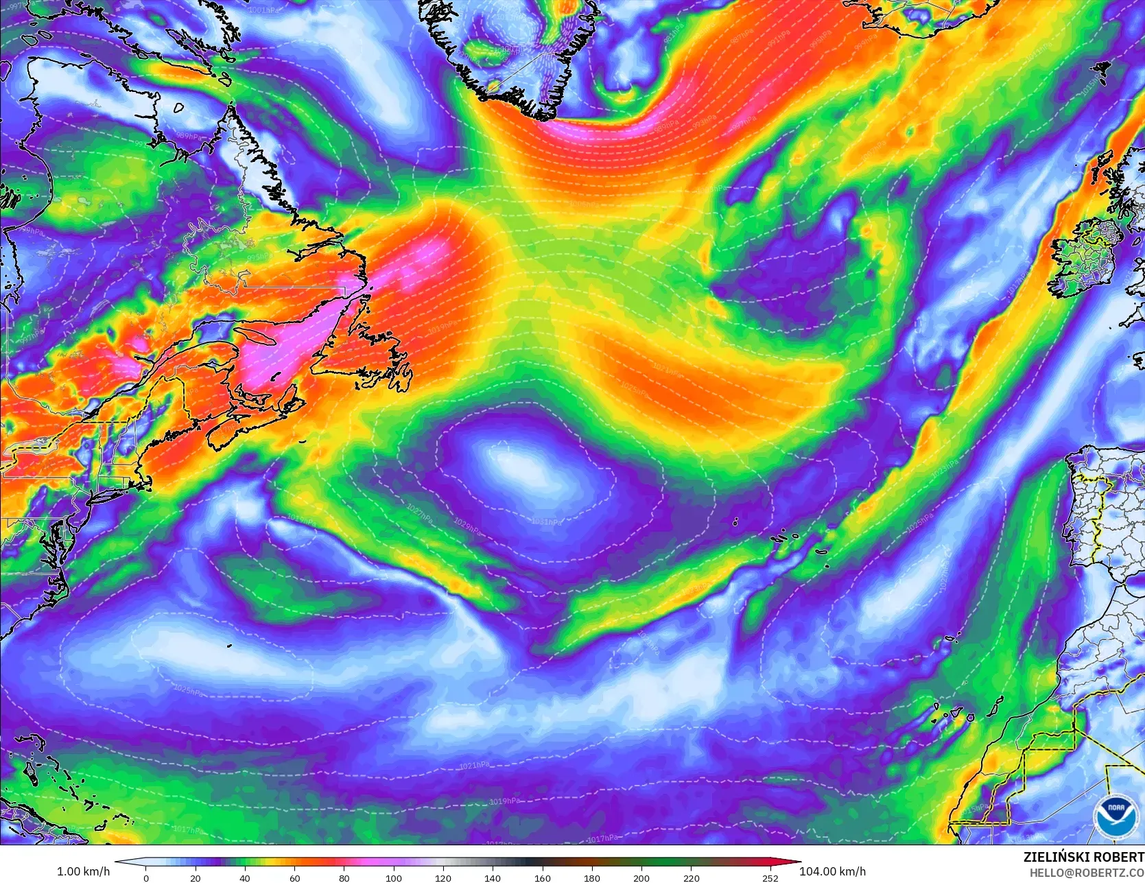 GFS model - North Atlantic, Wind Gusts Peak