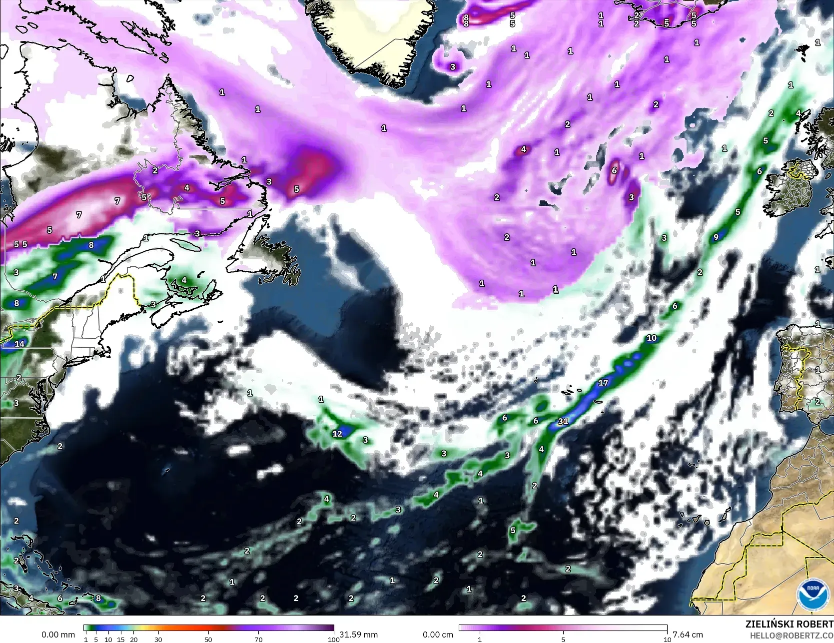 GFS model - North Atlantic, Precipitation, Clouds, and Pressure