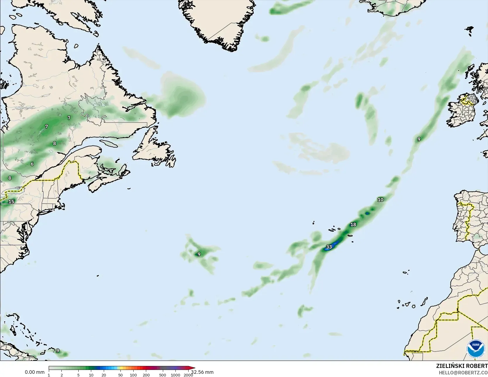 GFS model - North Atlantic, Precipitation Accumulation
