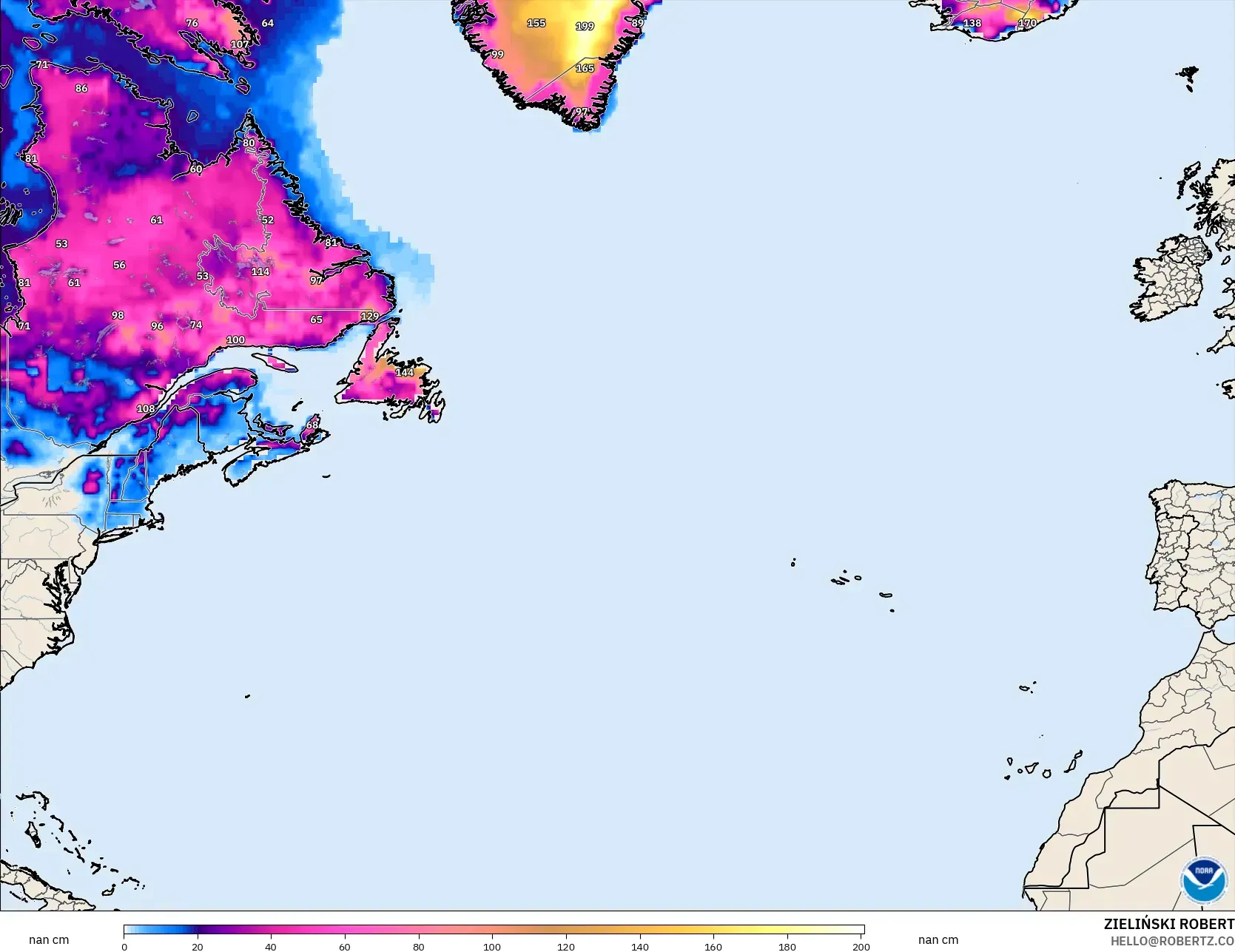GFS model - North Atlantic, Snow Depth