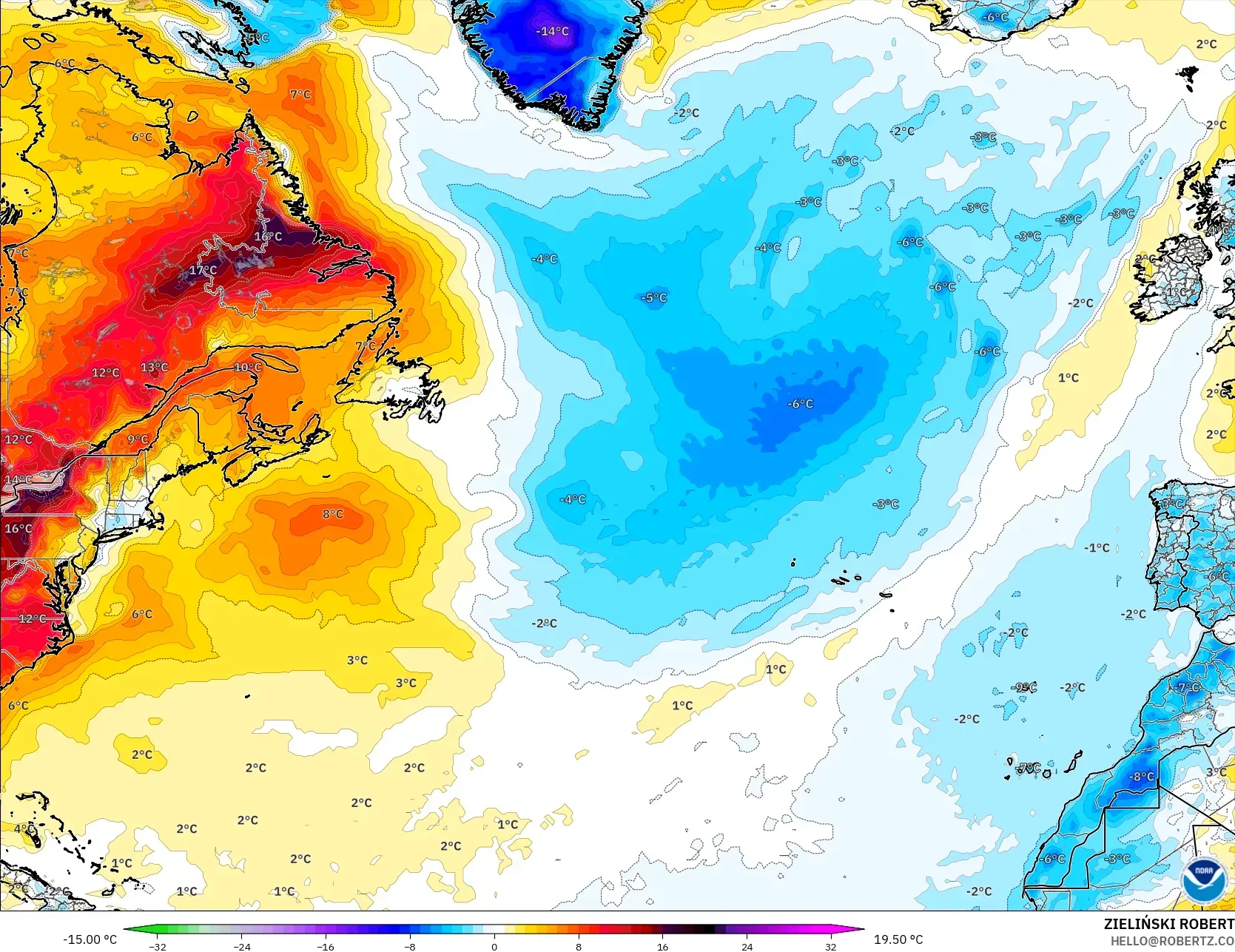 GFS model - North Atlantic, Temperature at 2m Anomaly