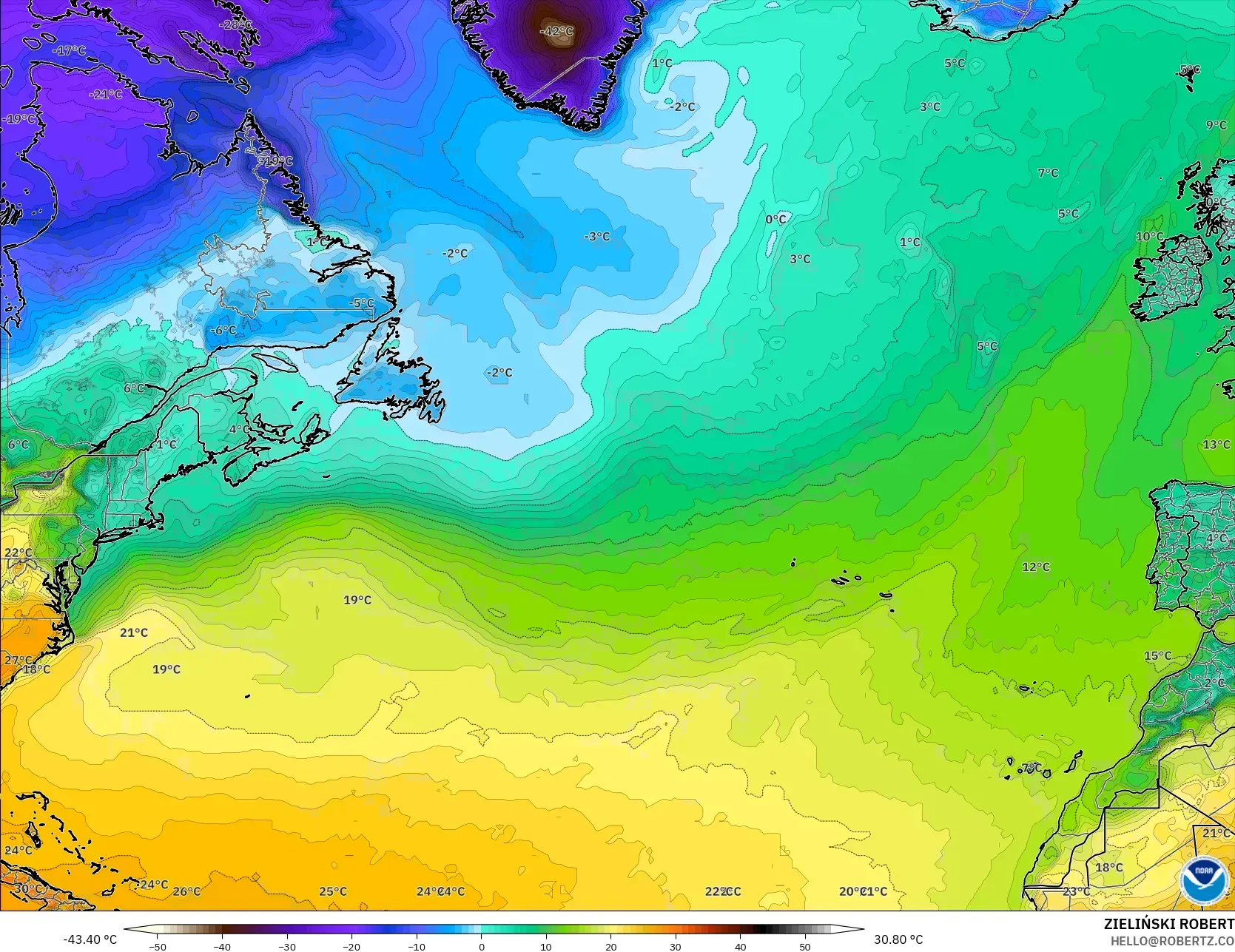 GFS model - North Atlantic, Temperature at 2m