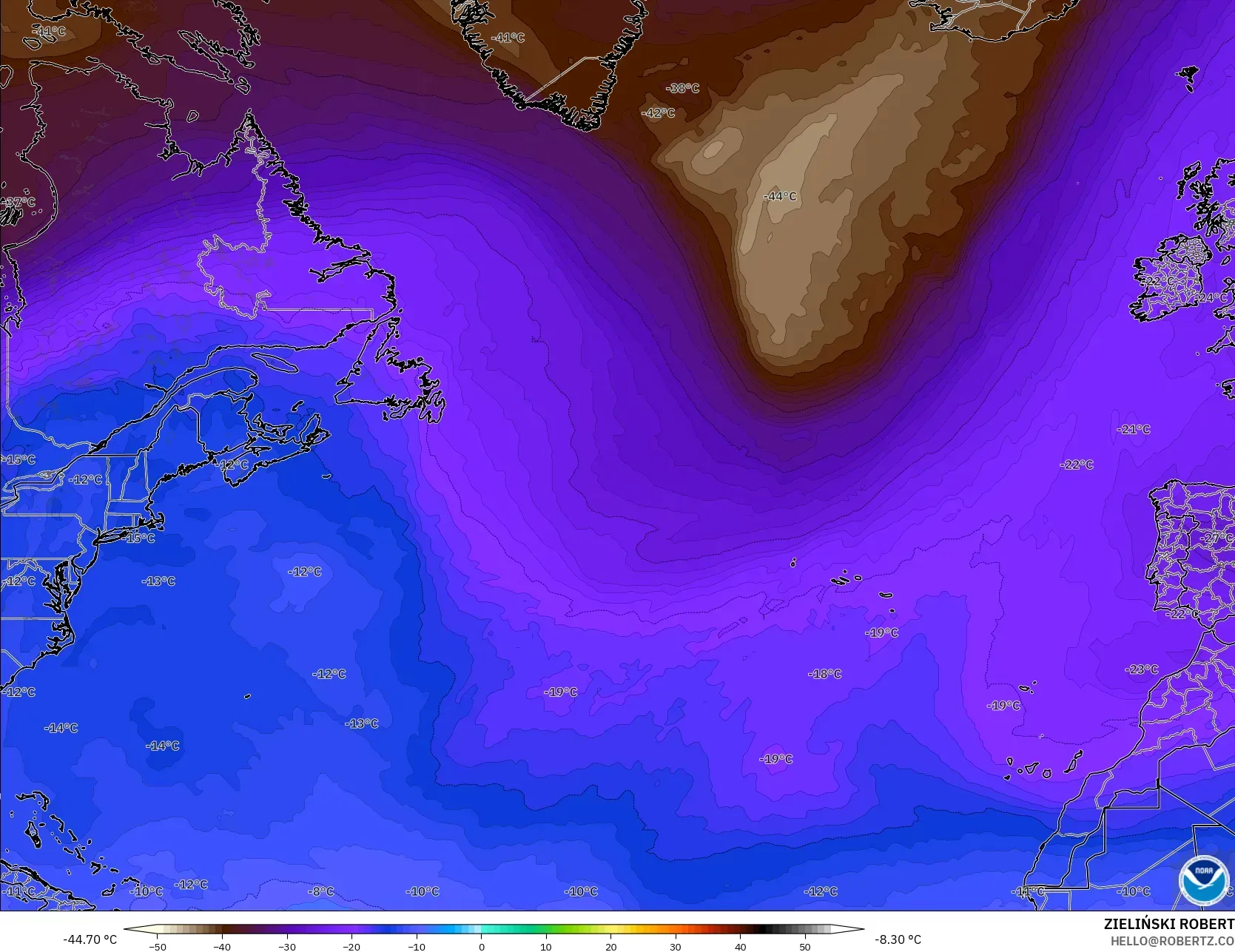 GFS model - North Atlantic, Temperature at 500hPa