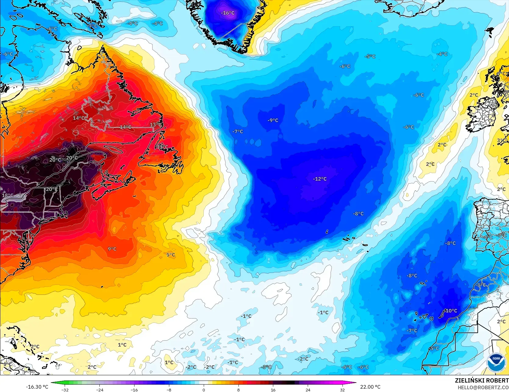 GFS model - North Atlantic, Temperature at 850hPa Anomaly
