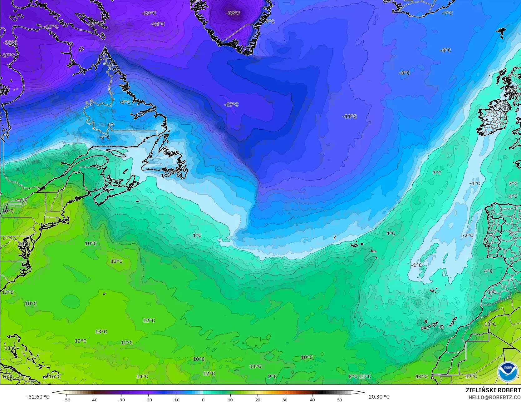 GFS model - North Atlantic, Temperature at 850hPa
