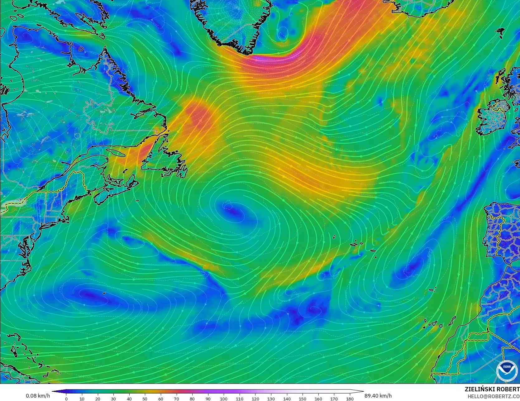 GFS model - North Atlantic, Wind at 10m