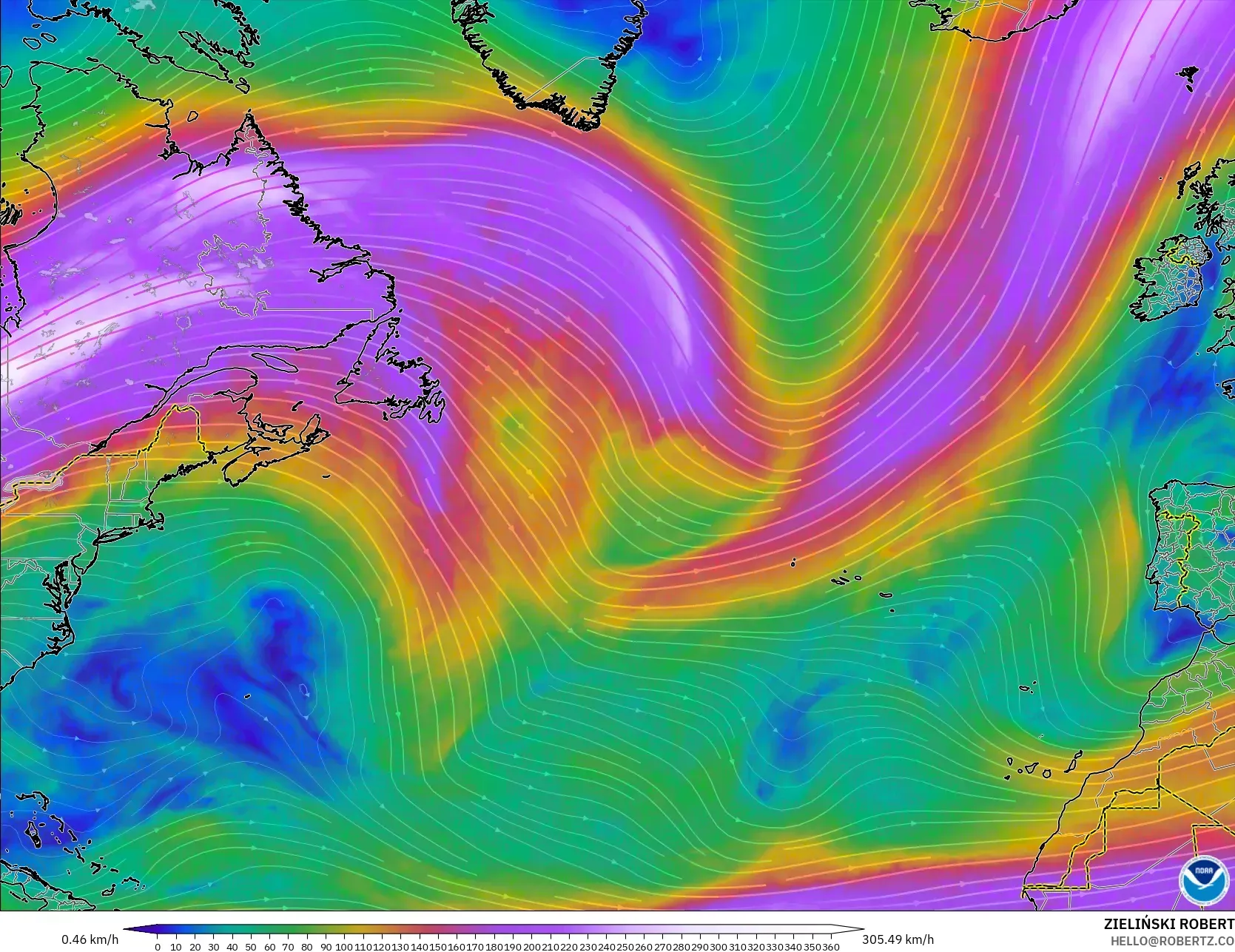 GFS model - North Atlantic, Wind at 300hPa (jet stream)