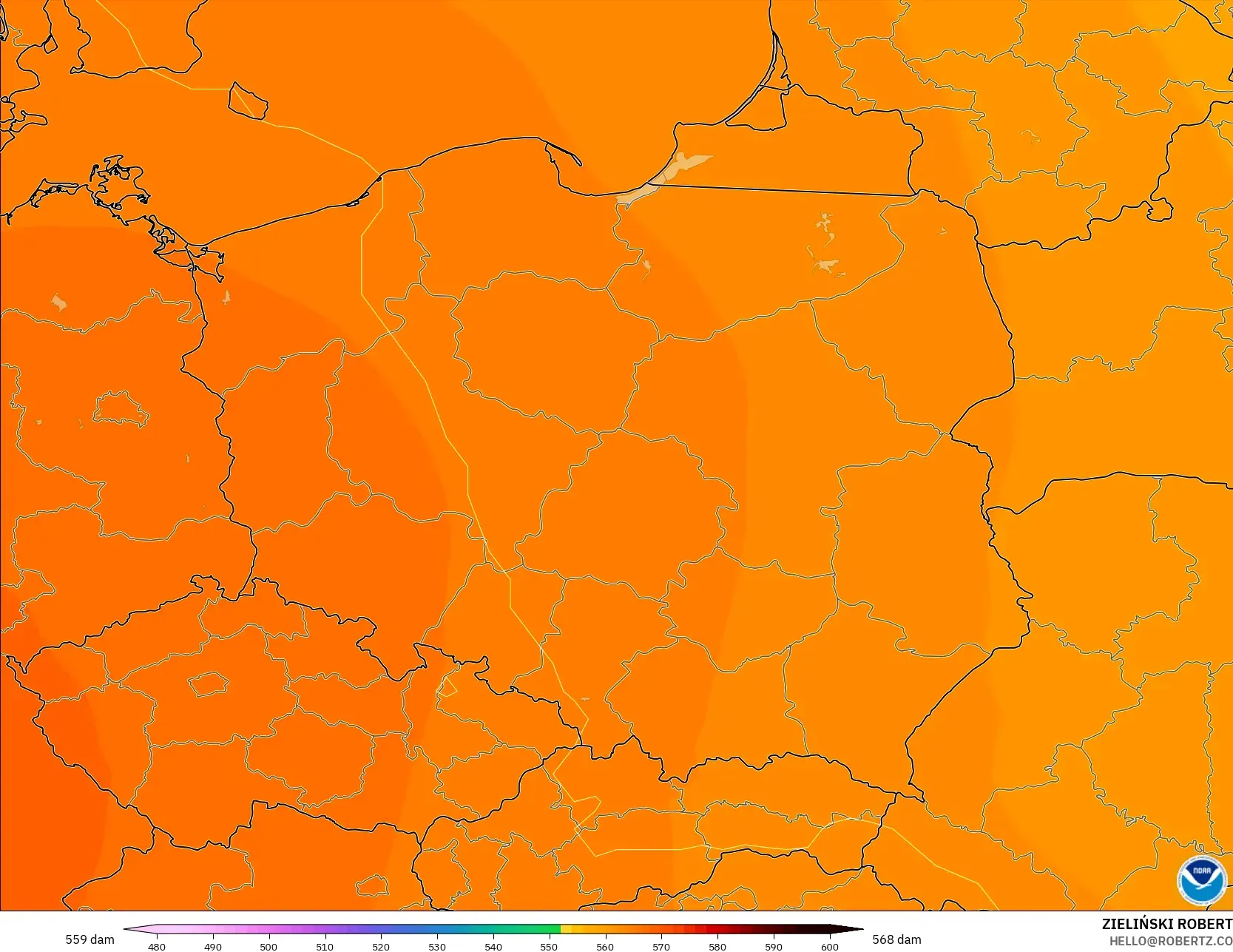GFS model - Poland, Geopotential height at 500hPa