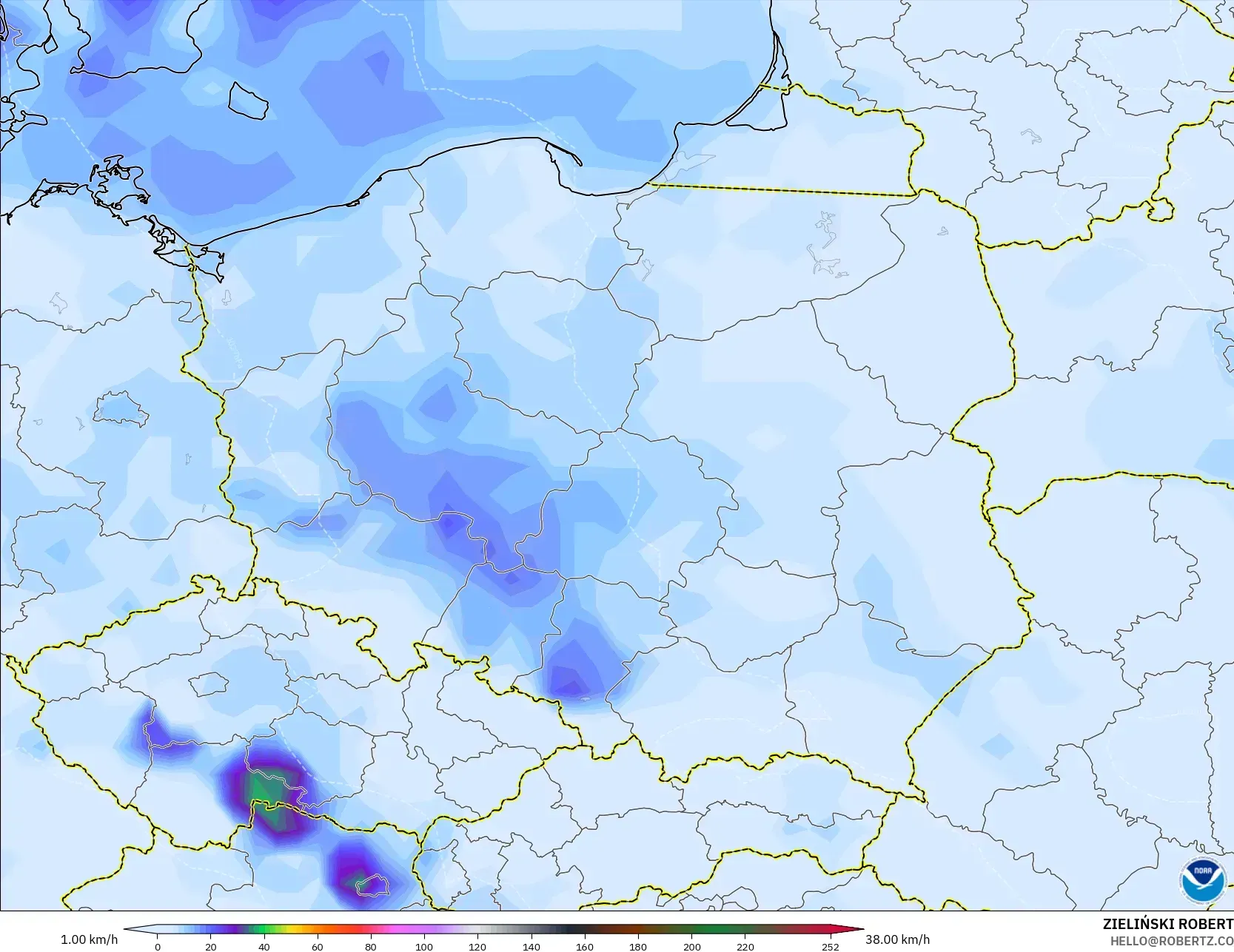 GFS model - Poland, Wind Gusts