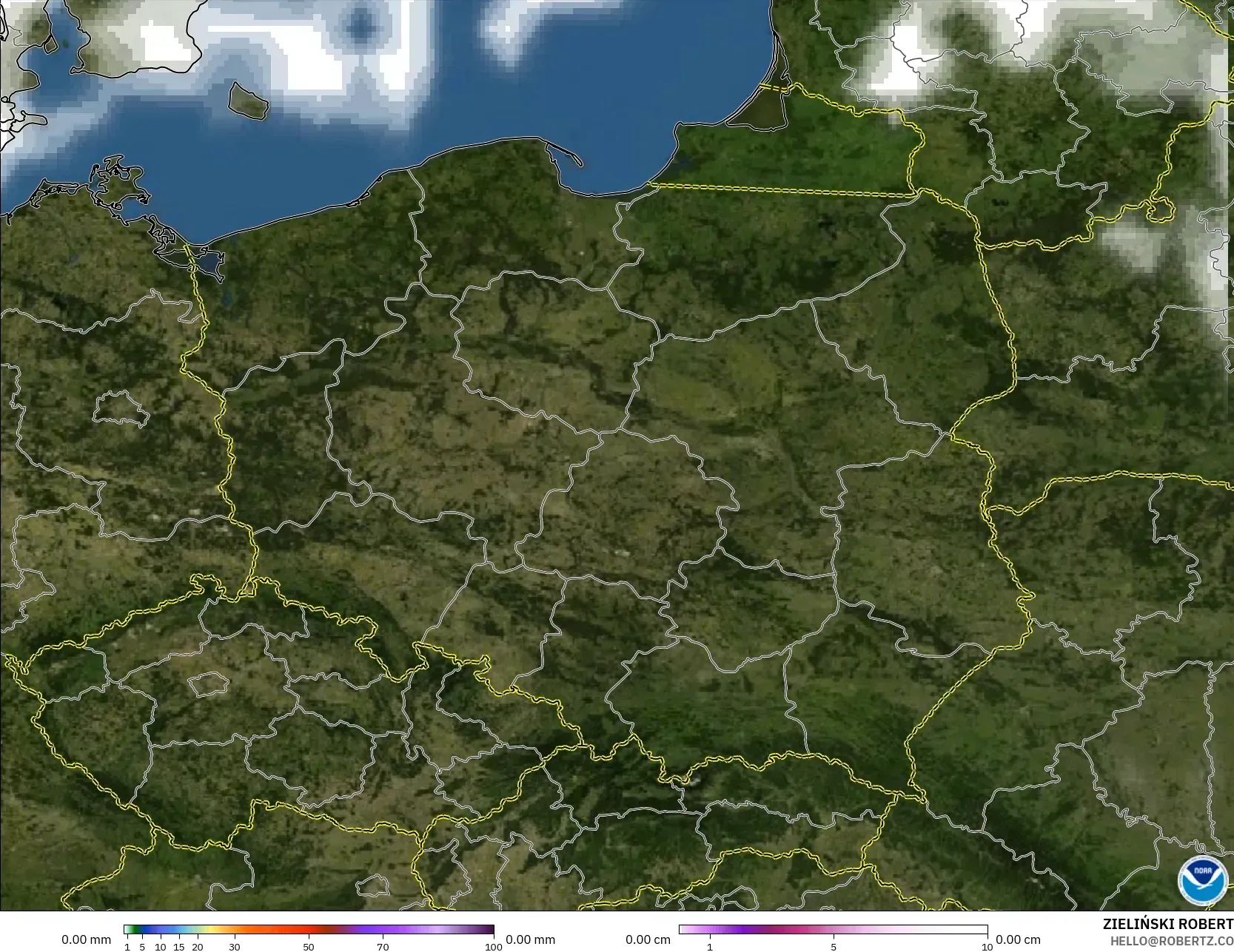 GFS model - Poland, Precipitation, Clouds, and Pressure