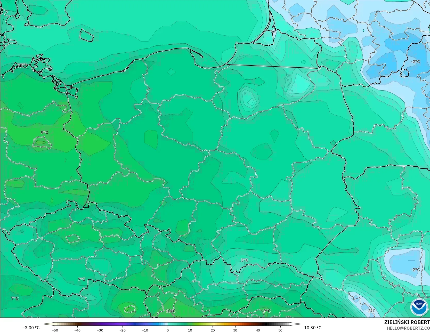 GFS model - Poland, Temperature at 2m