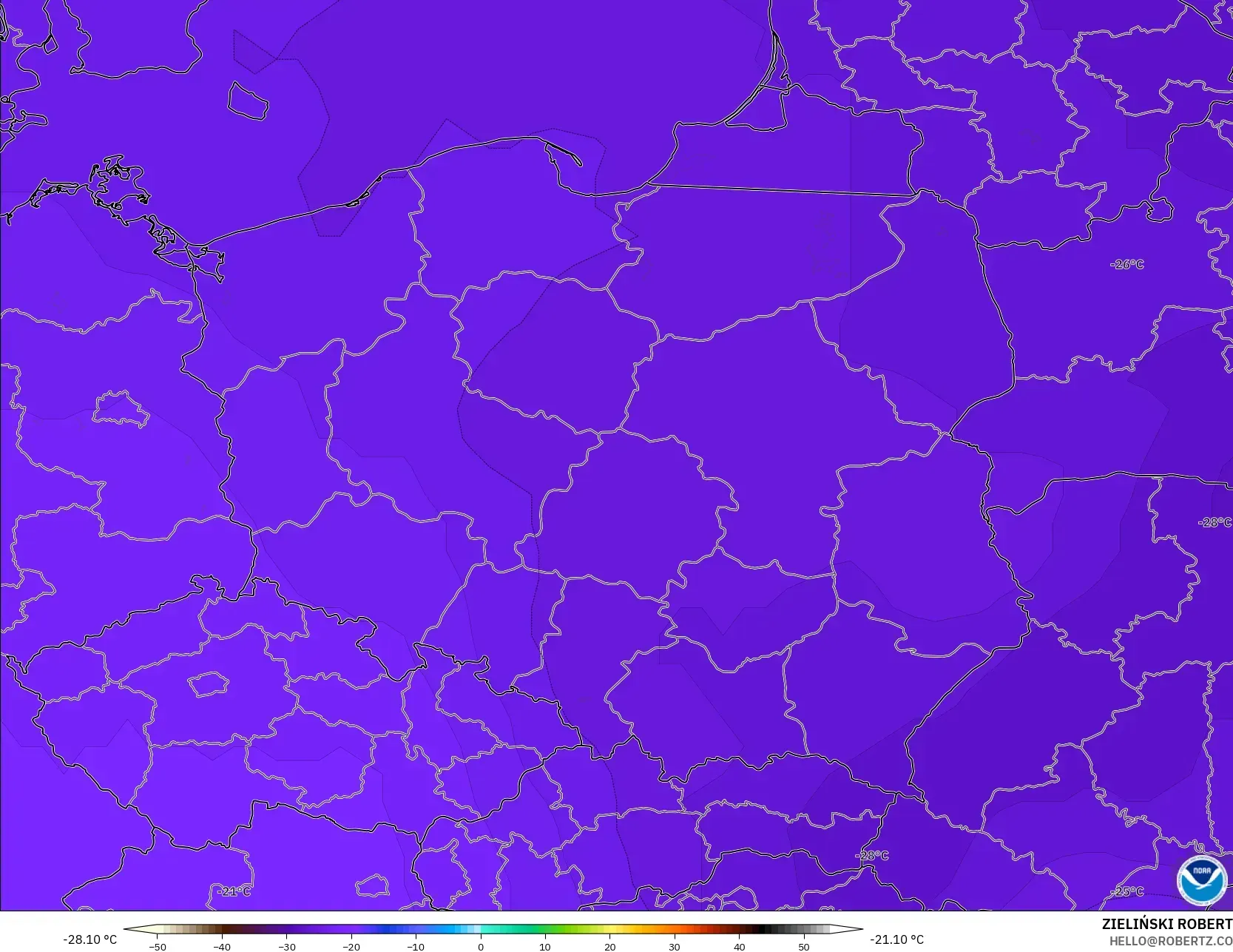 GFS model - Poland, Temperature at 500hPa
