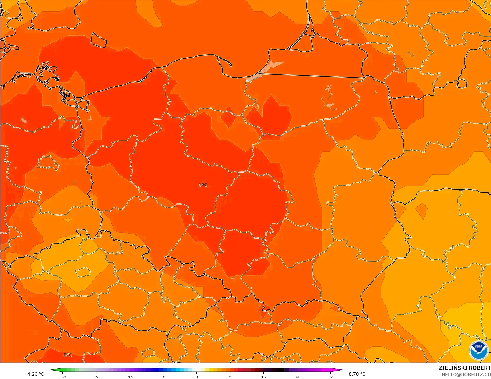 GFS model - Poland, Temperature at 850hPa Anomaly