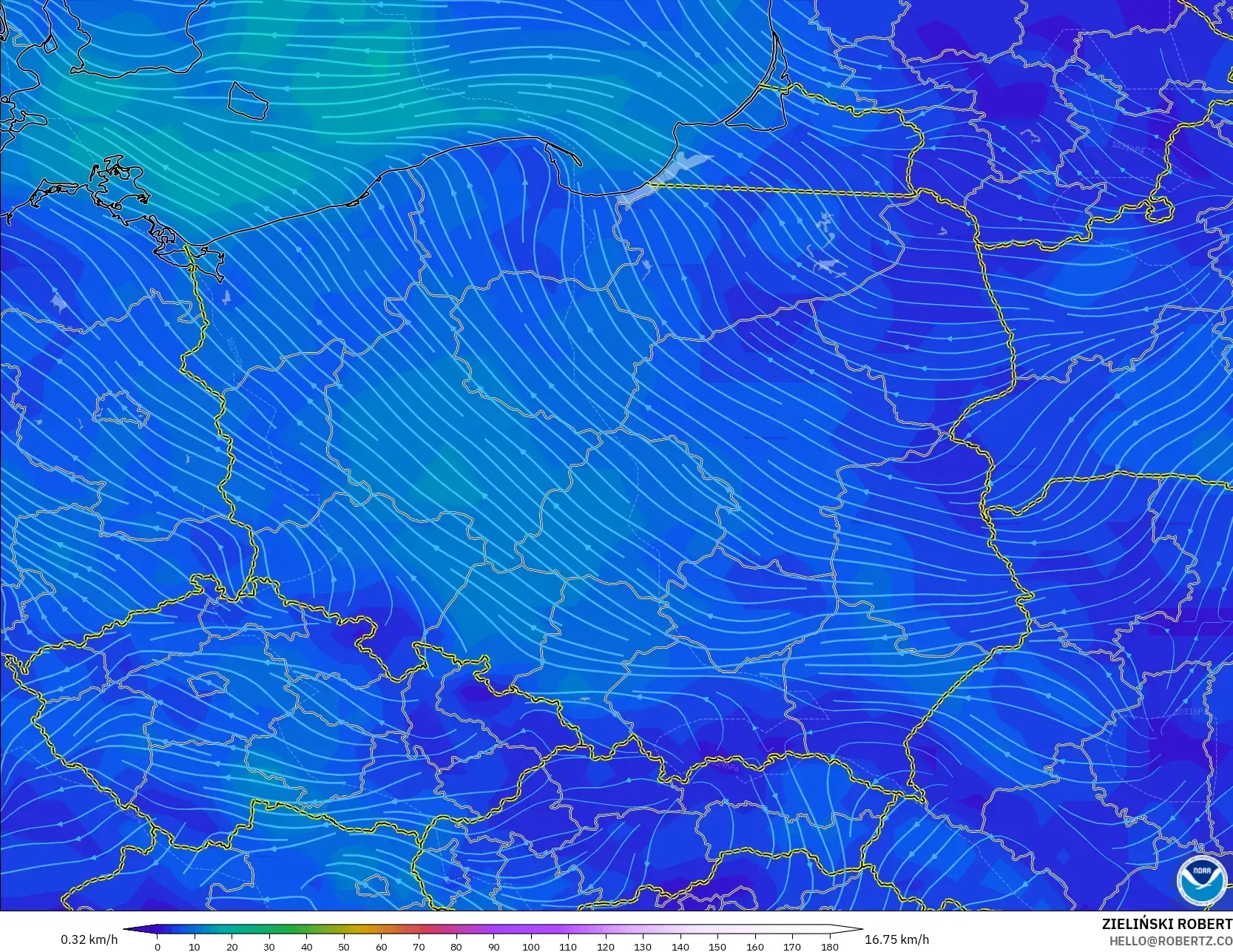 GFS model - Poland, Wind at 10m