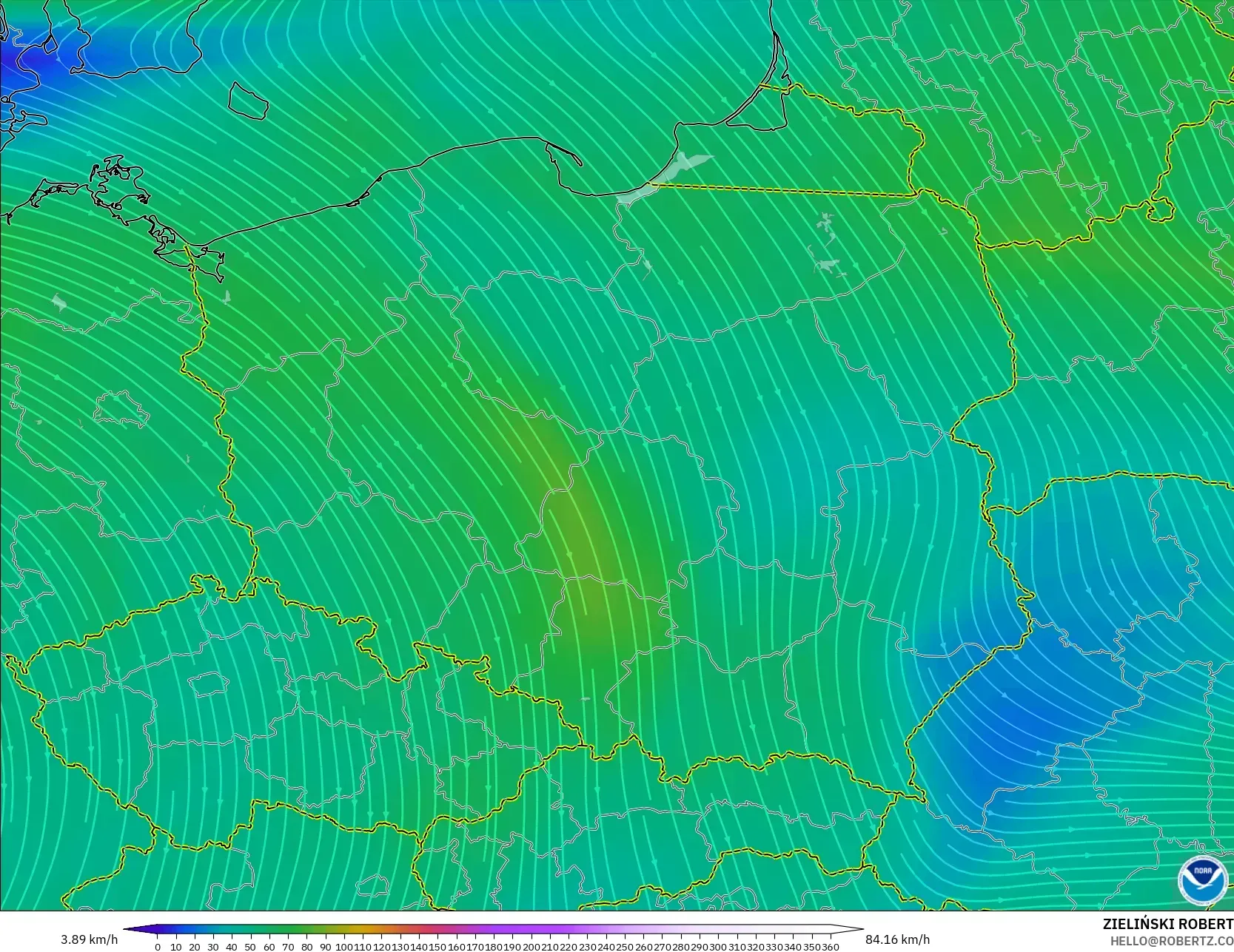 GFS model - Poland, Wind at 300hPa (jet stream)