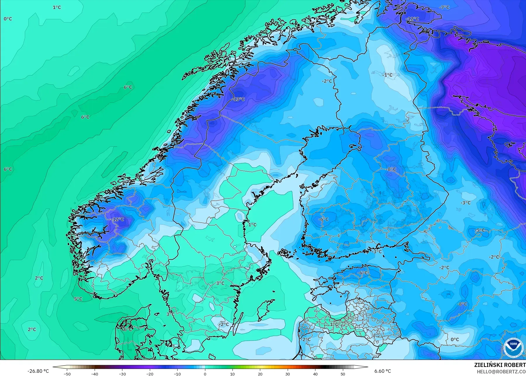 GFS model - Scandinavia, Dewpoint at 2m