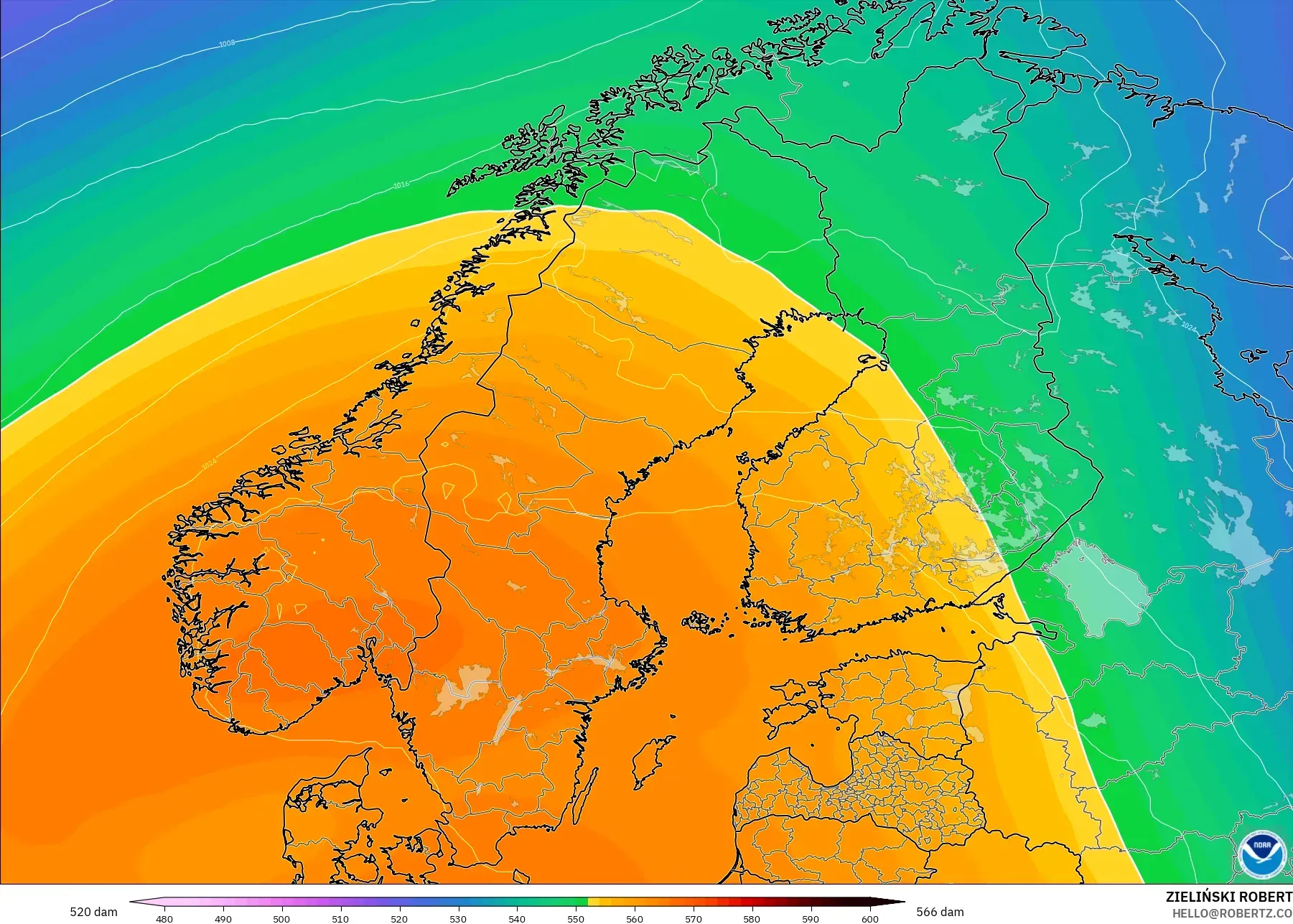 GFS model - Scandinavia, Geopotential height at 500hPa