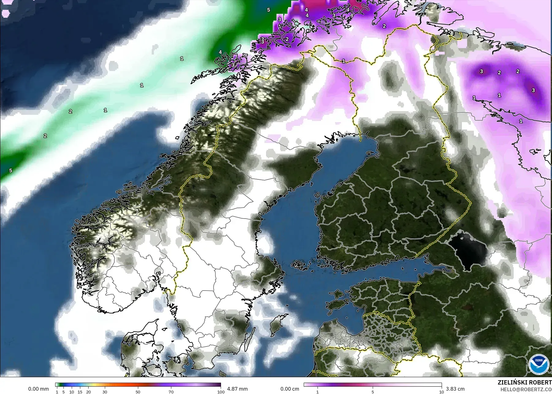 GFS model - Scandinavia, Precipitation, Clouds, and Pressure
