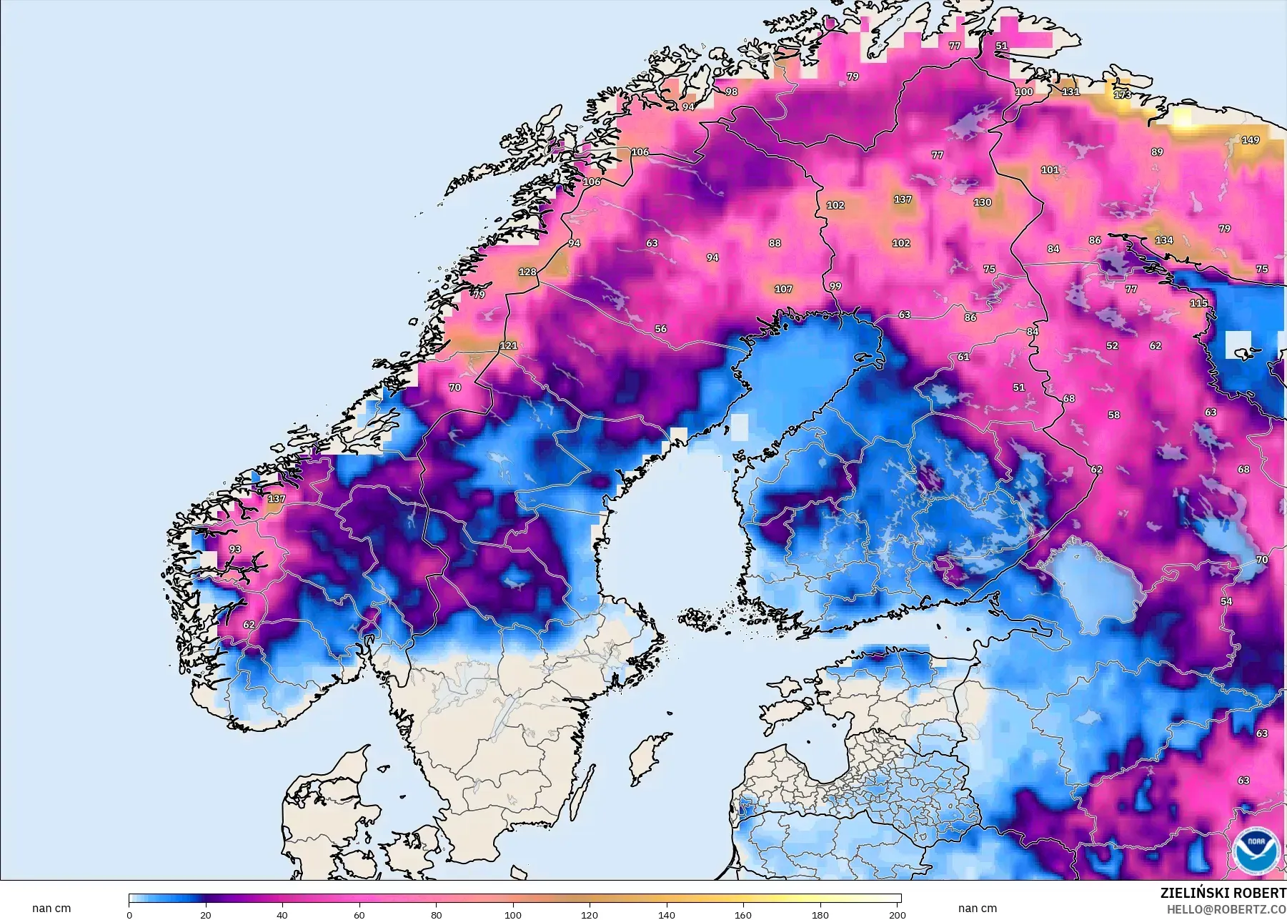 GFS model - Scandinavia, Snow Depth